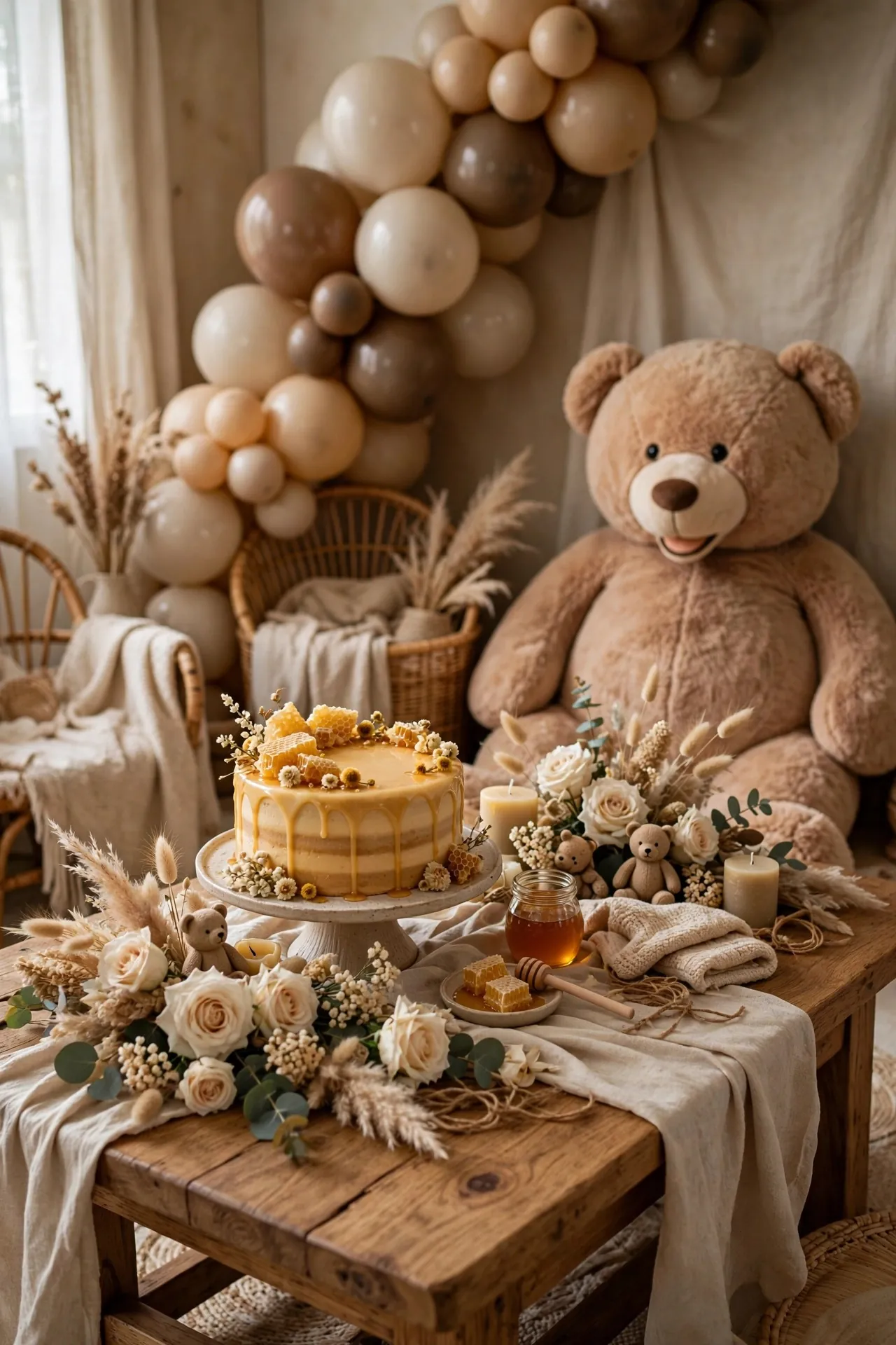 Teddy bear themed baby shower with beige balloons