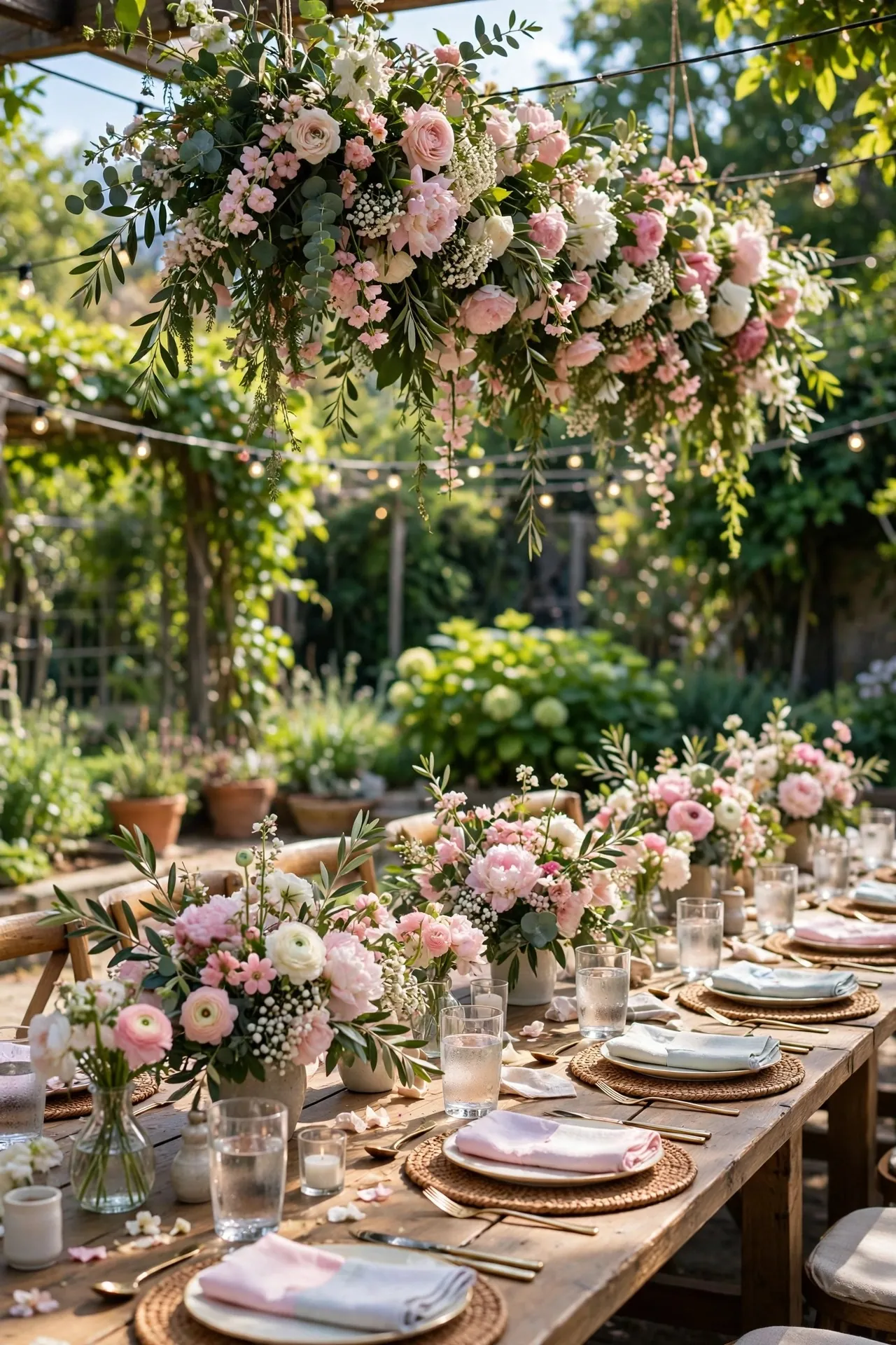 Garden party baby shower with florals and a long table