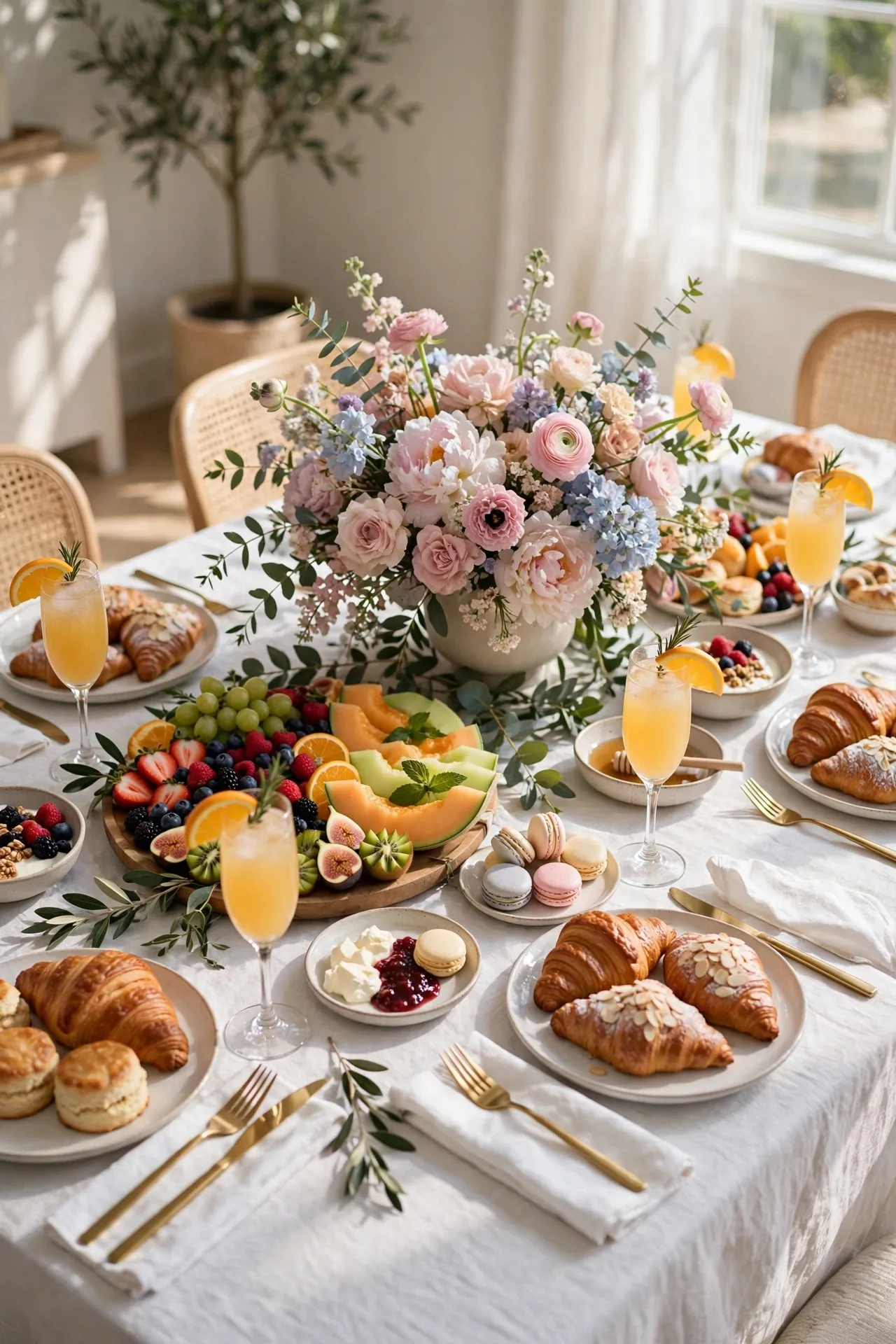 Baby shower brunch table with pastries and mimosas