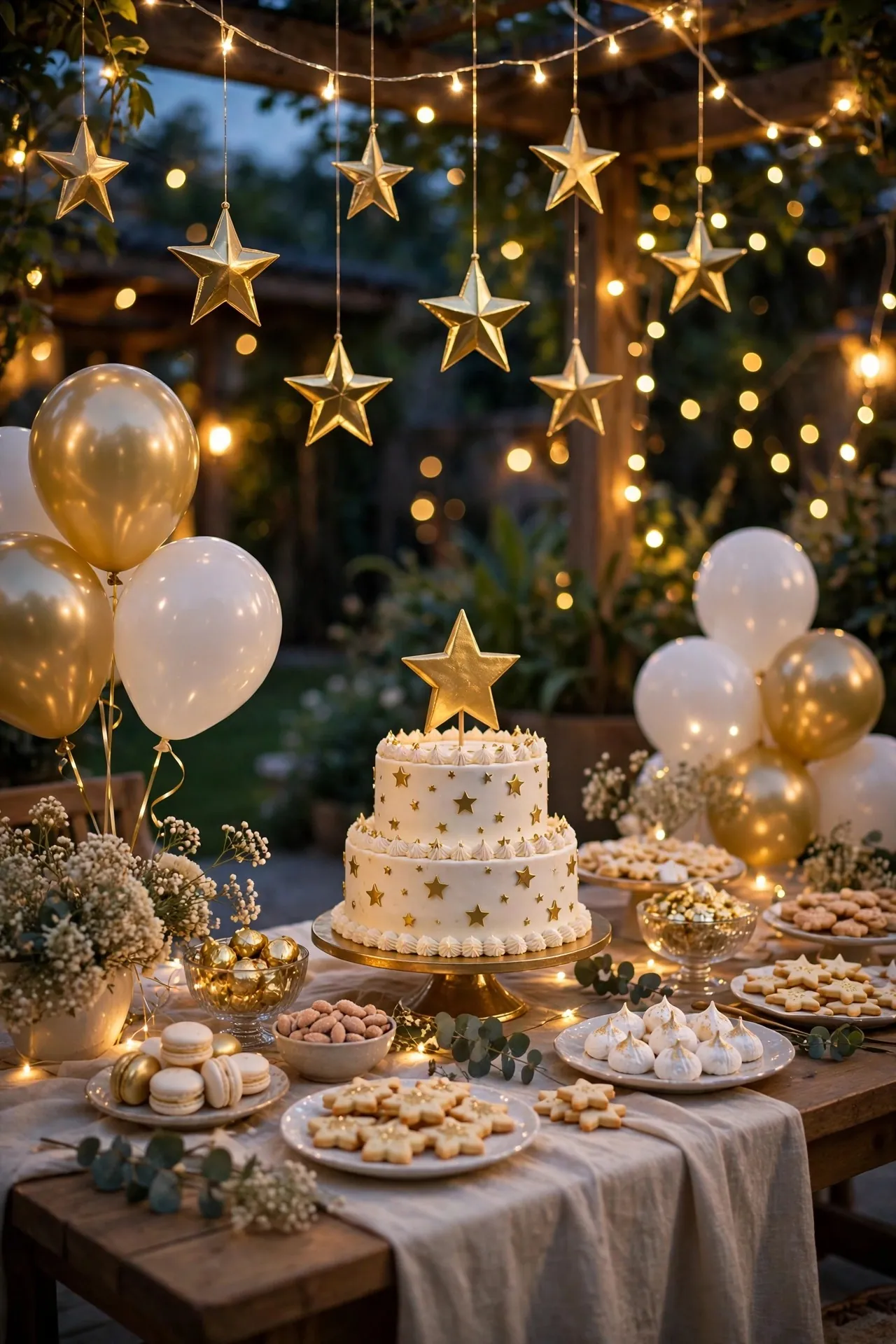 Twinkle little star baby shower with gold stars and white balloons