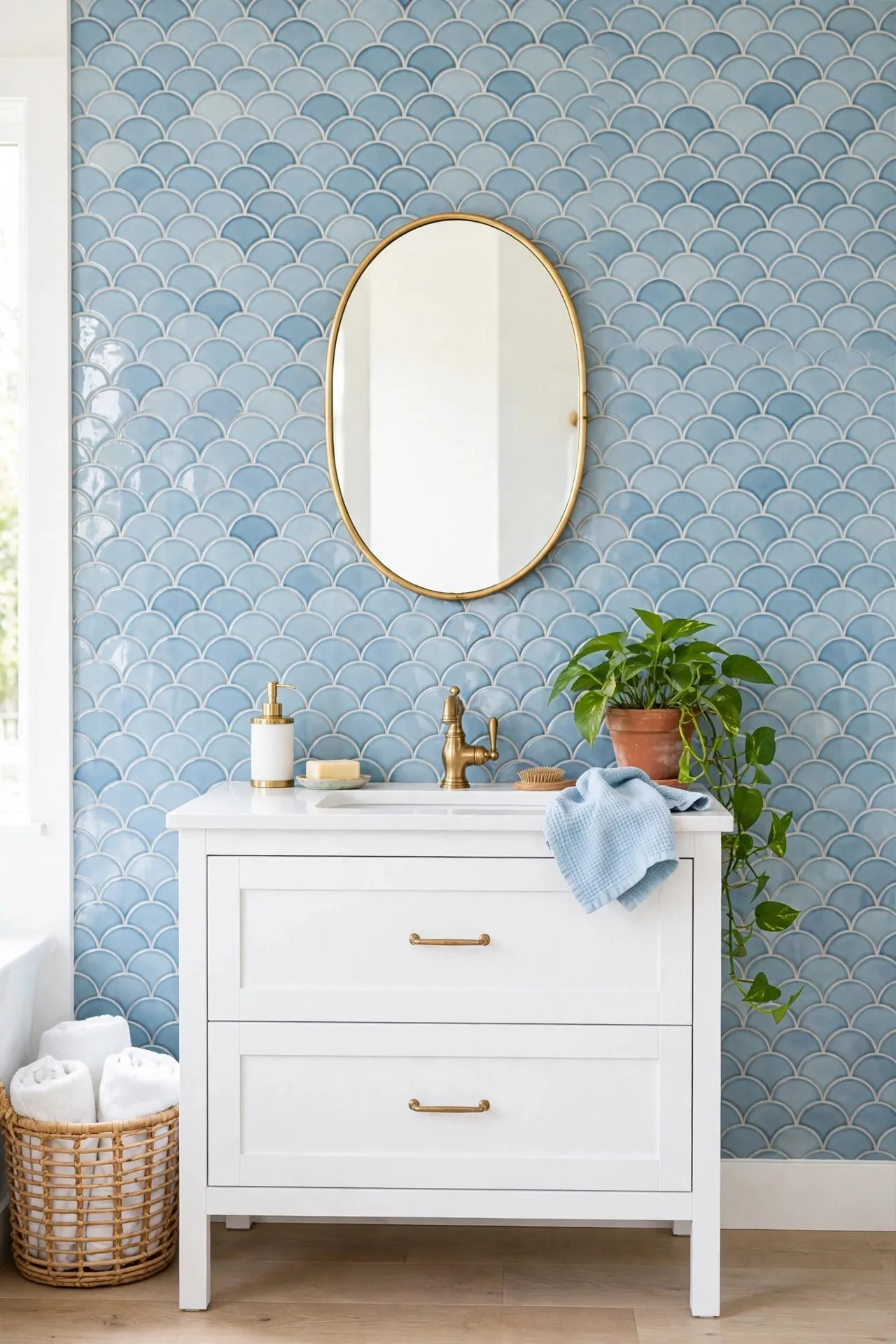 Bathroom with blue fish scale tiles behind a vanity
