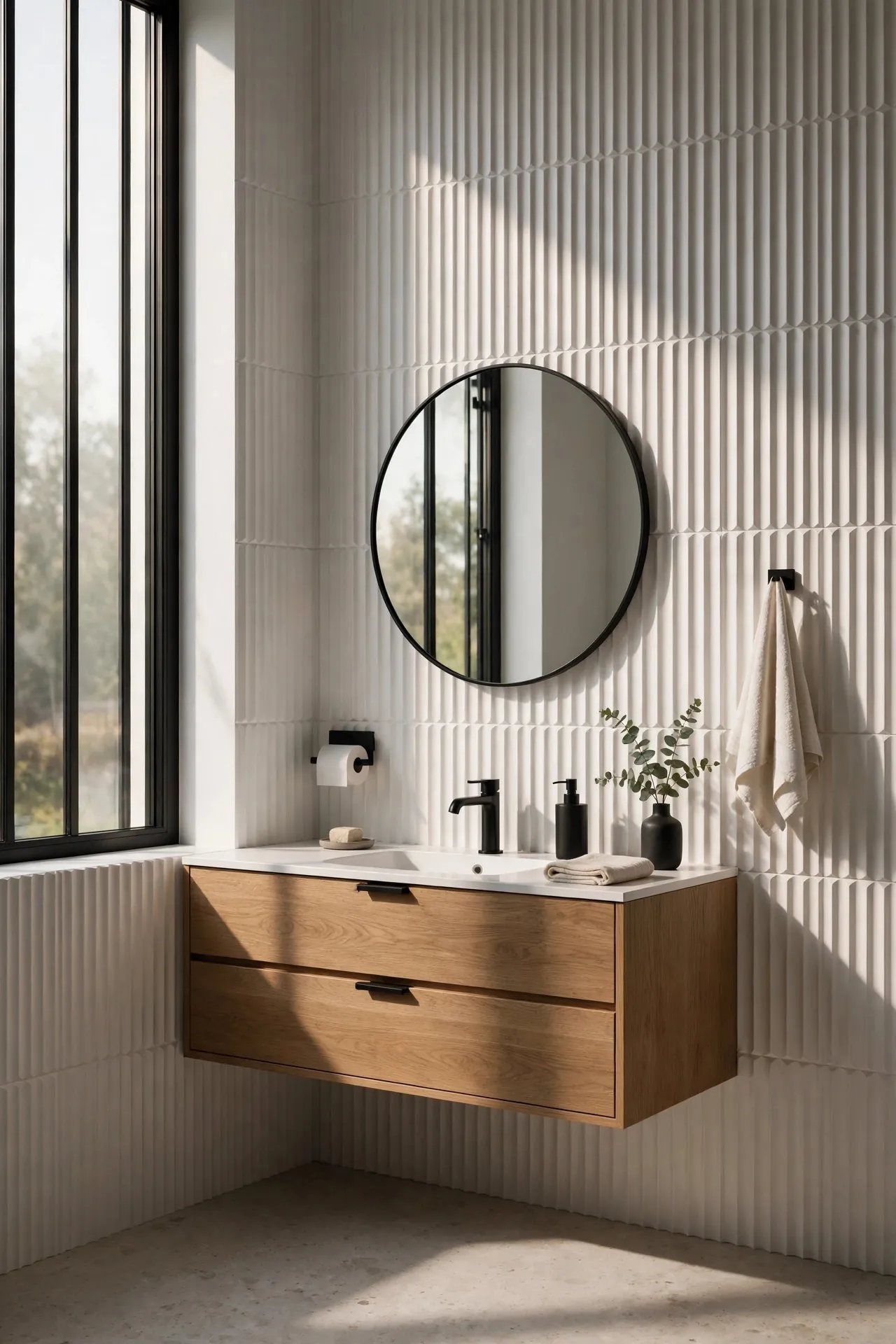 Bathroom with white fluted tiles and black fixtures