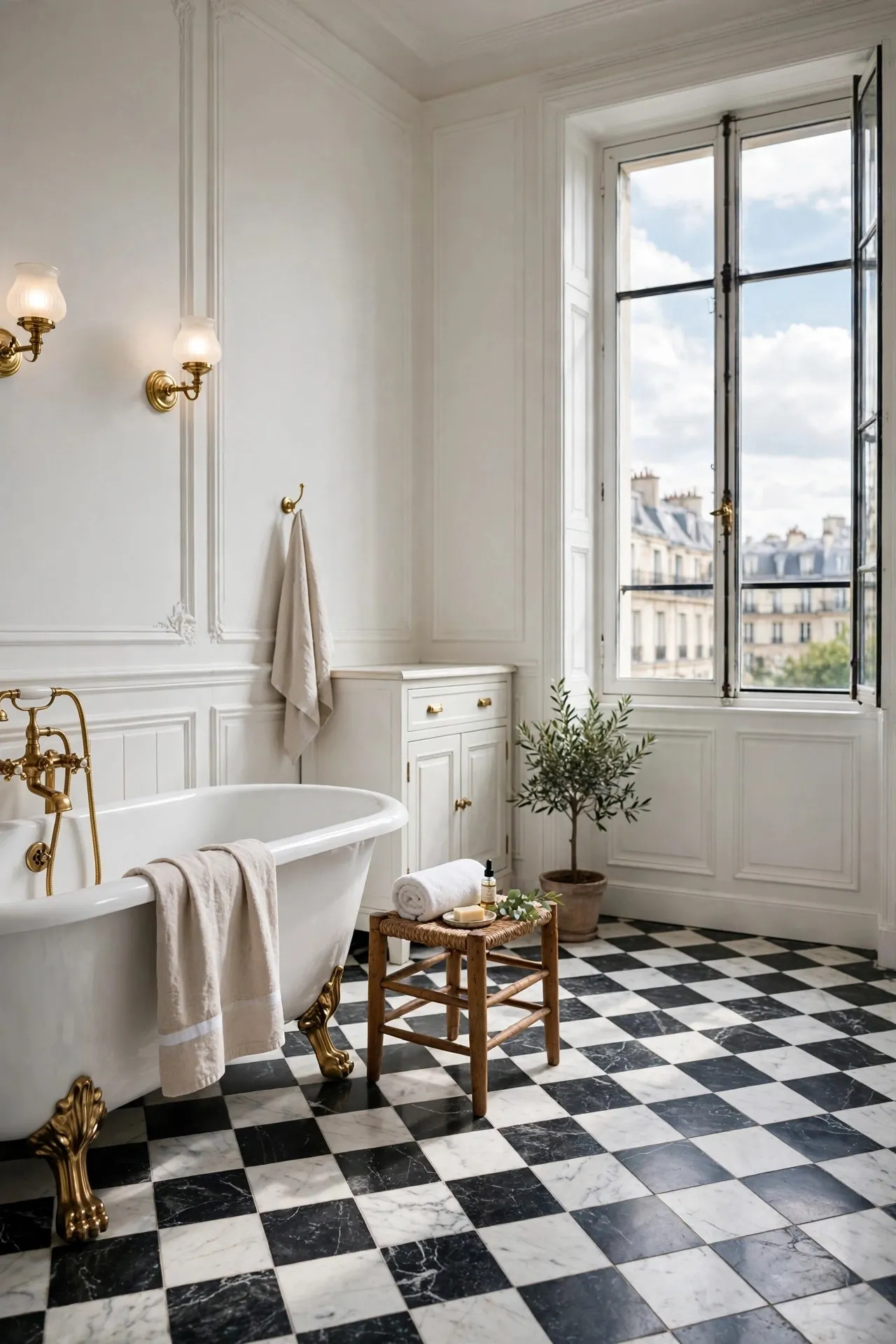 Bathroom with black and white checkerboard floor tiles