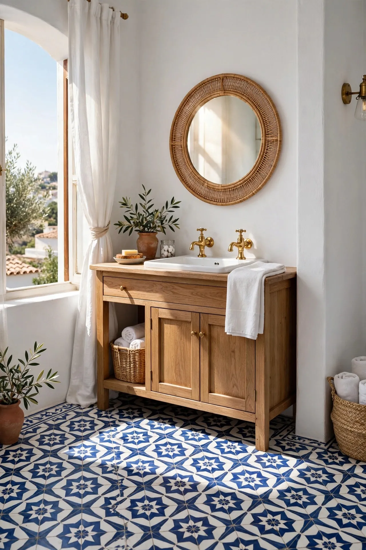 Bathroom with patterned encaustic cement floor tiles