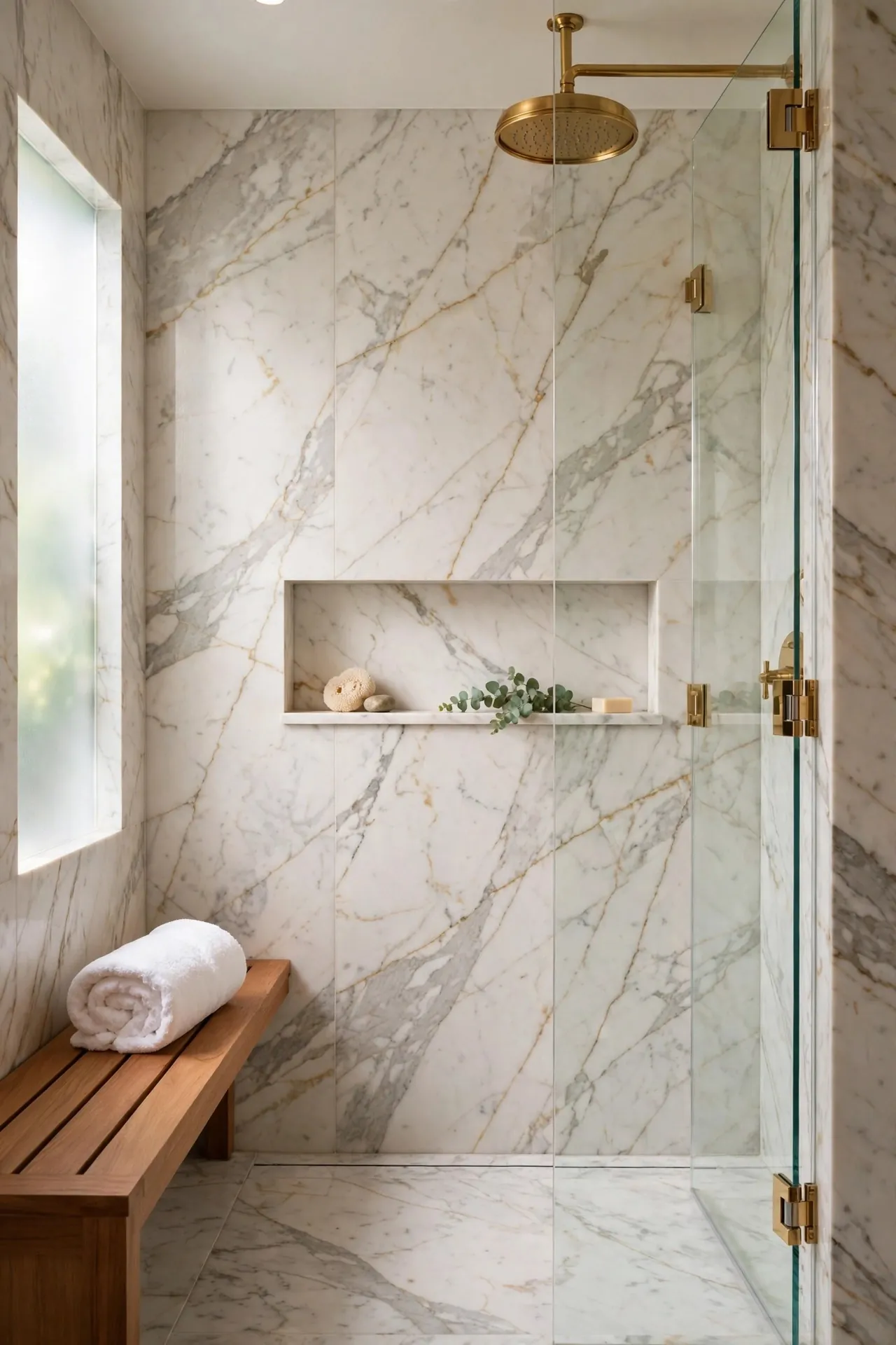 Walk-in shower clad in large marble slabs