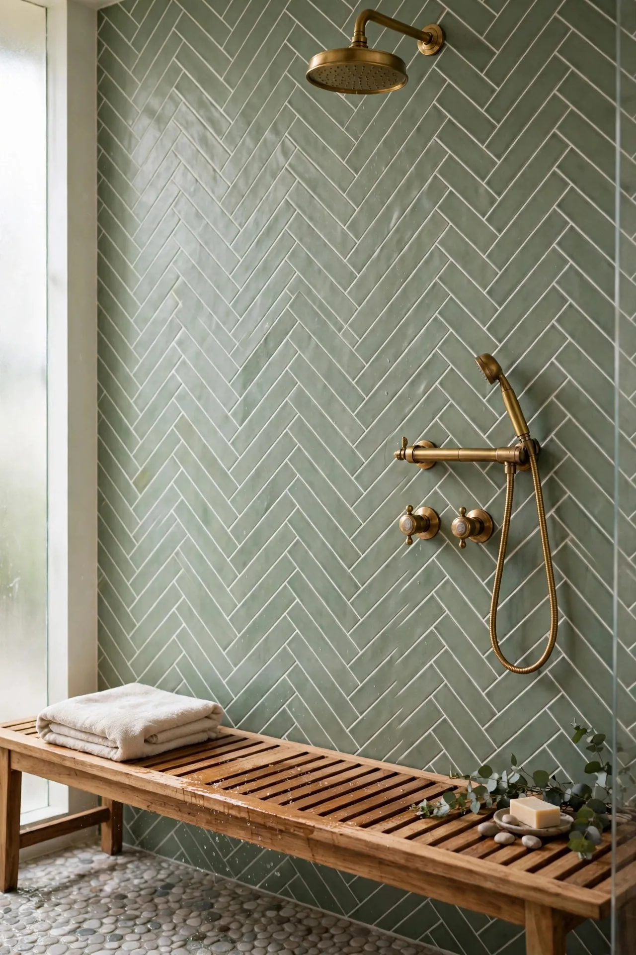 Shower with herringbone pattern tiles in sage green