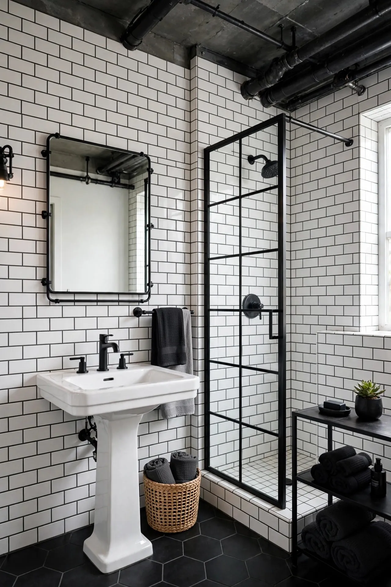 White subway tiles with dark contrasting grout