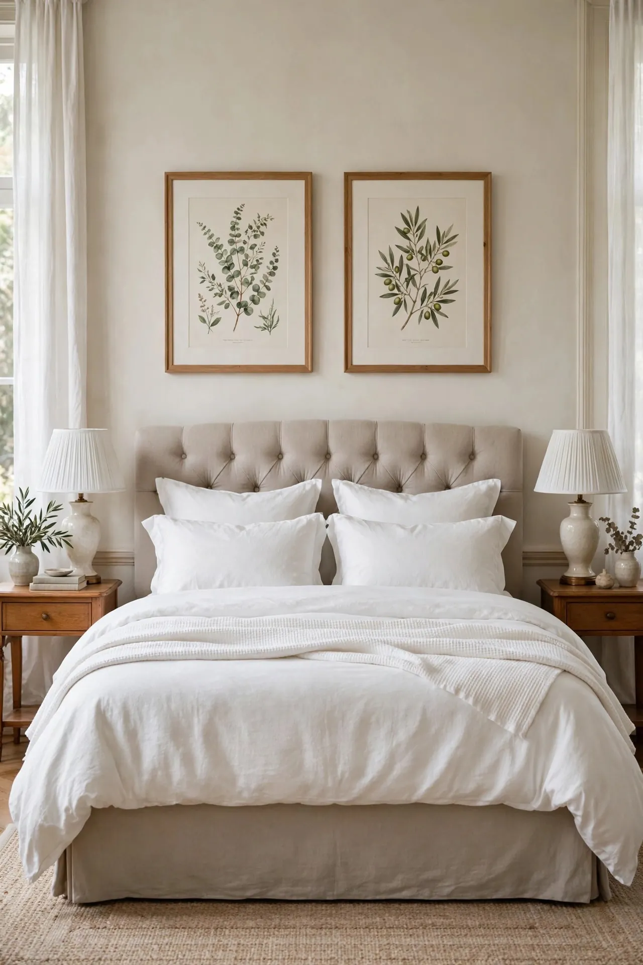 Bedroom with two matching framed prints above the bed