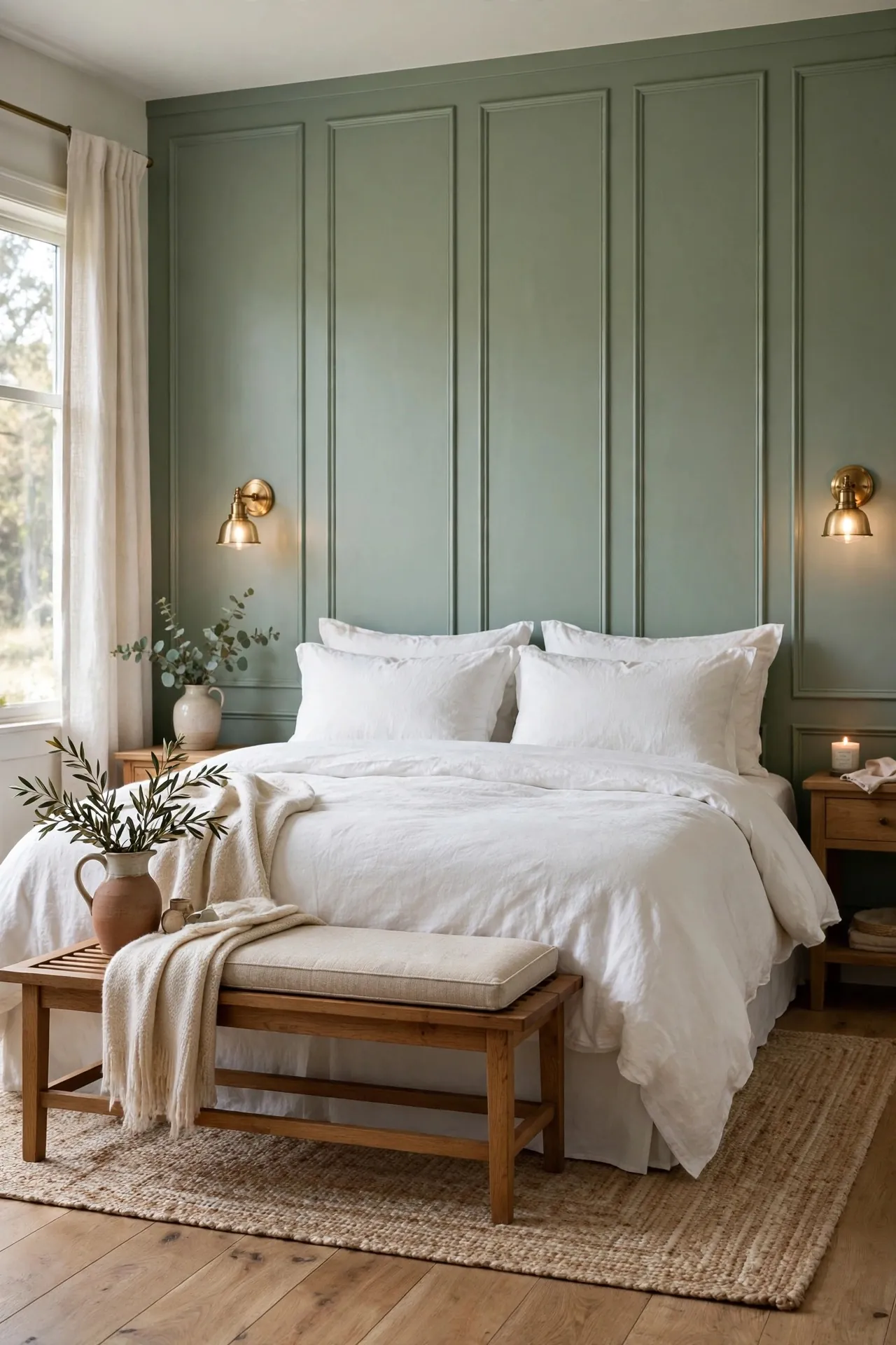 Bedroom with a painted panelled feature wall