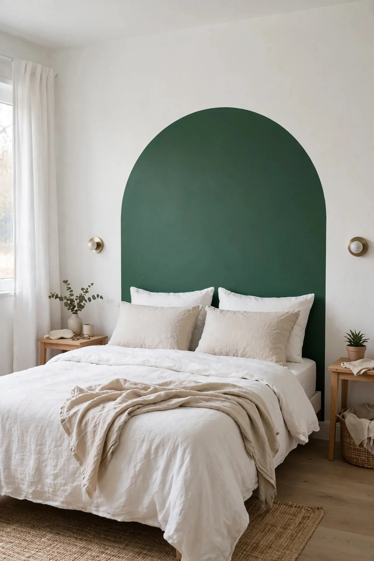 Bedroom with a painted arch on the wall as a headboard