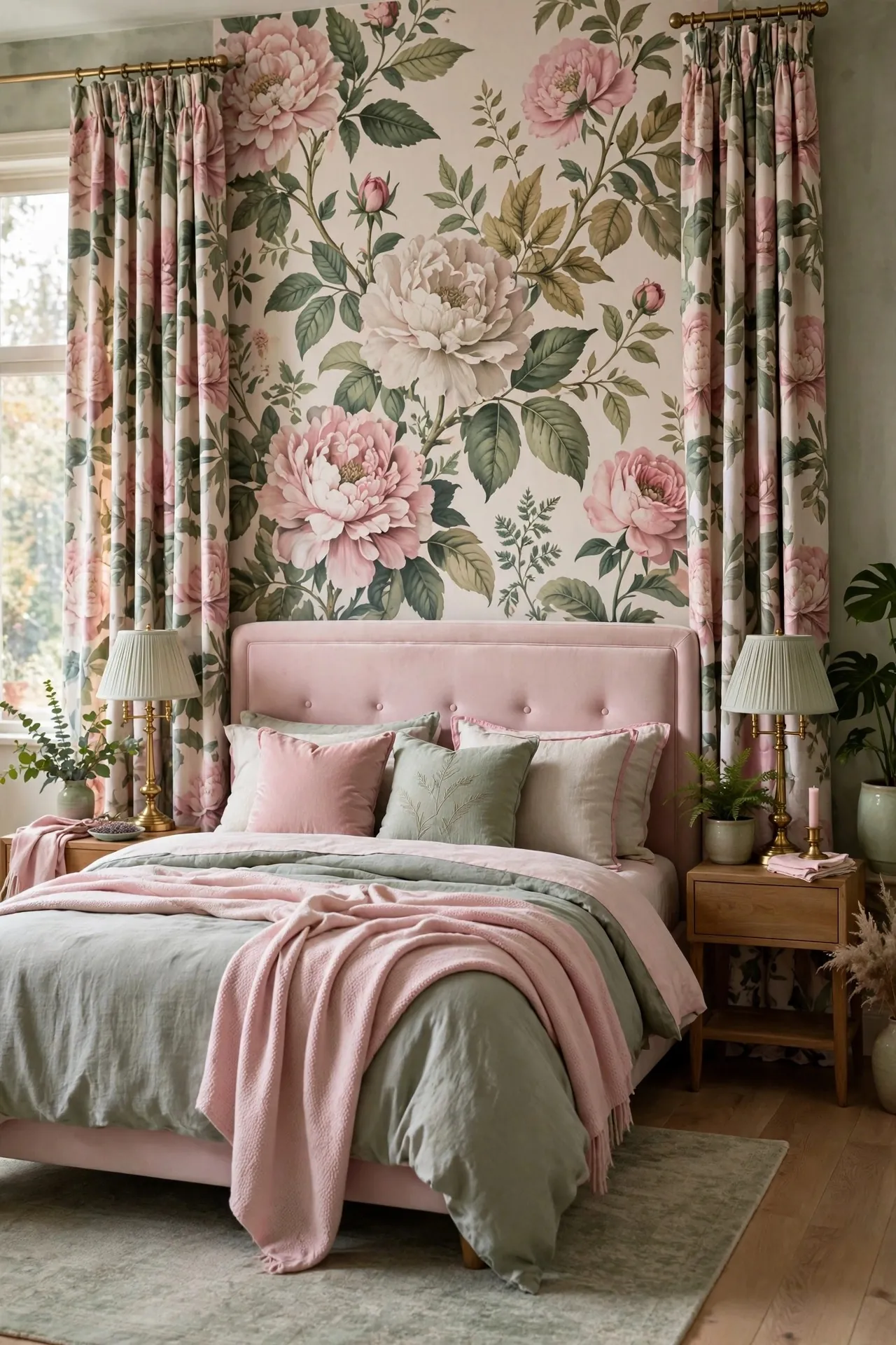 Bedroom with romantic floral wallpaper behind the bed