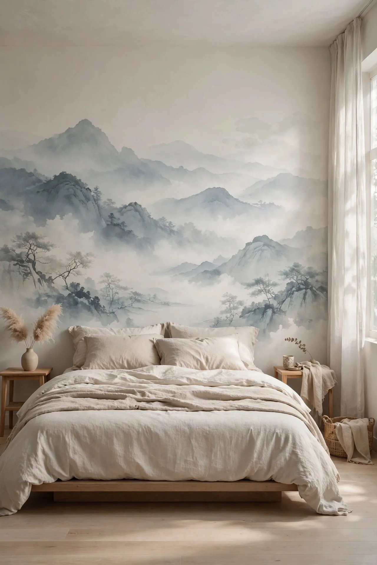 Bedroom with a misty landscape wall mural