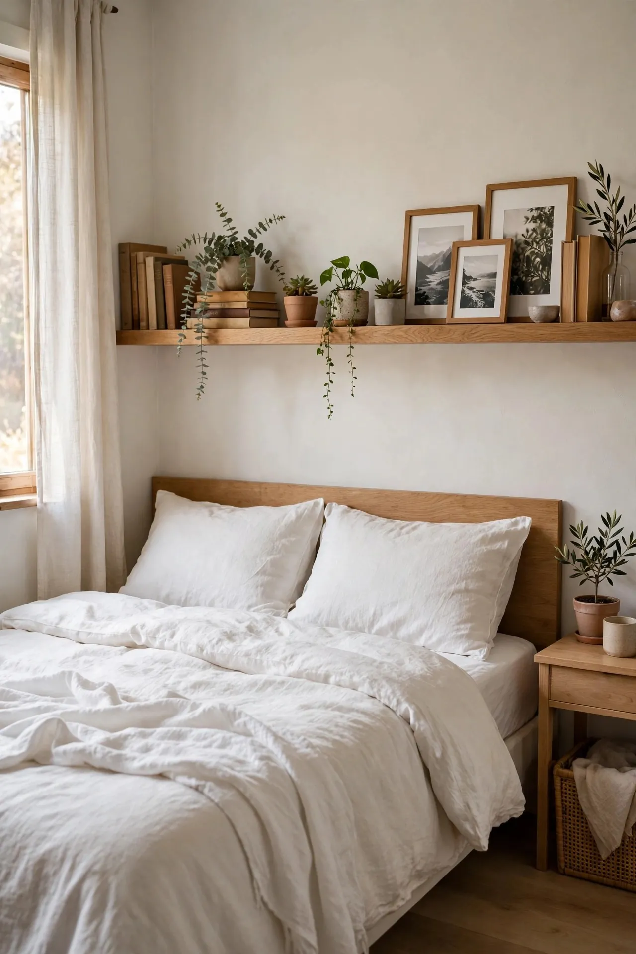 Bedroom with floating shelves above the bed styled with books