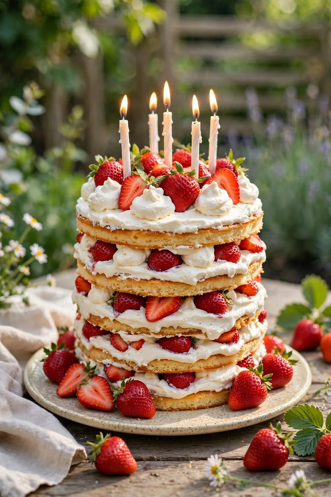 Strawberry shortcake birthday cake with whipped cream