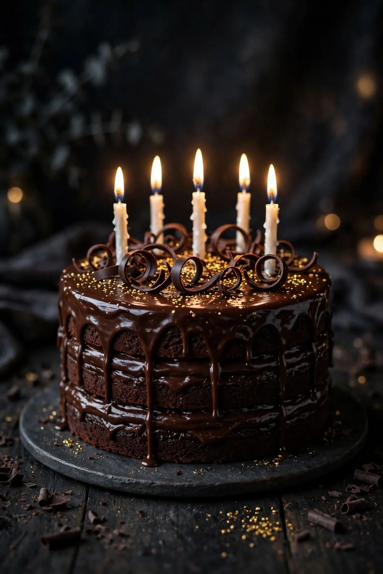 Rich chocolate birthday cake with ganache and sprinkles