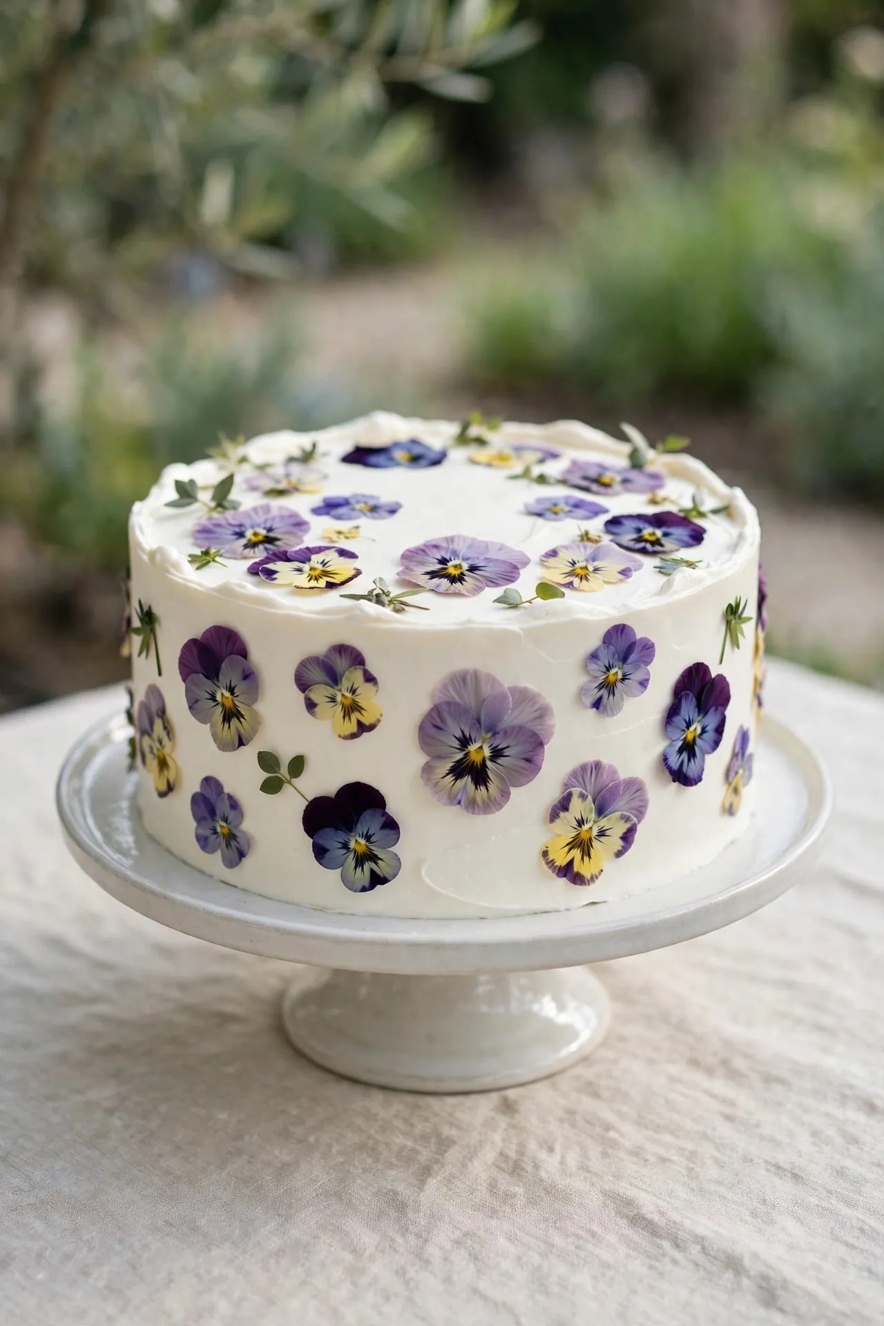 White birthday cake decorated with pressed edible flowers