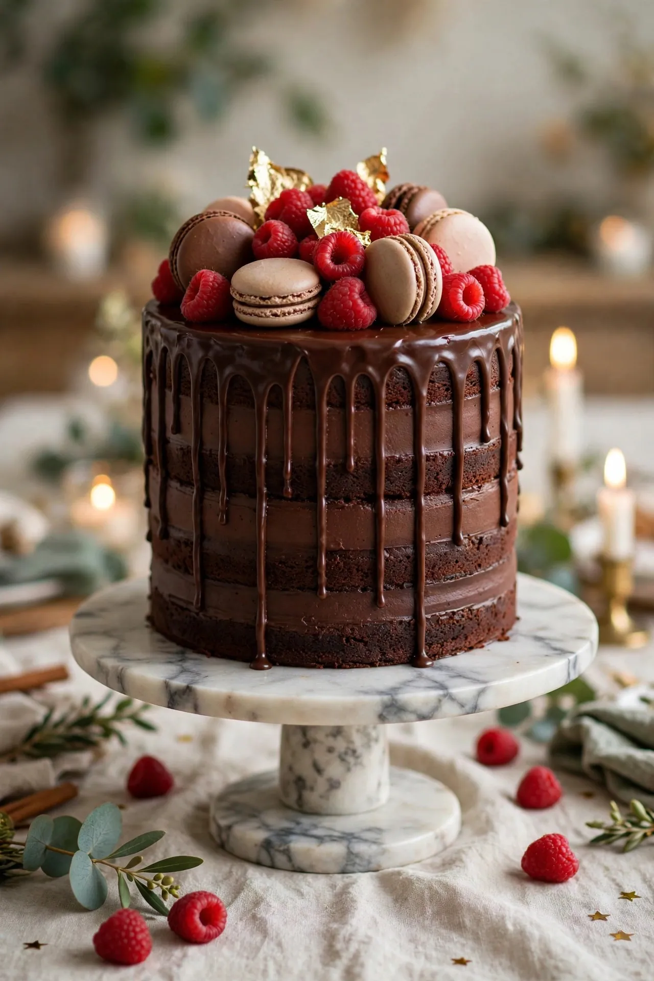 Tall chocolate drip birthday cake with macarons and berries