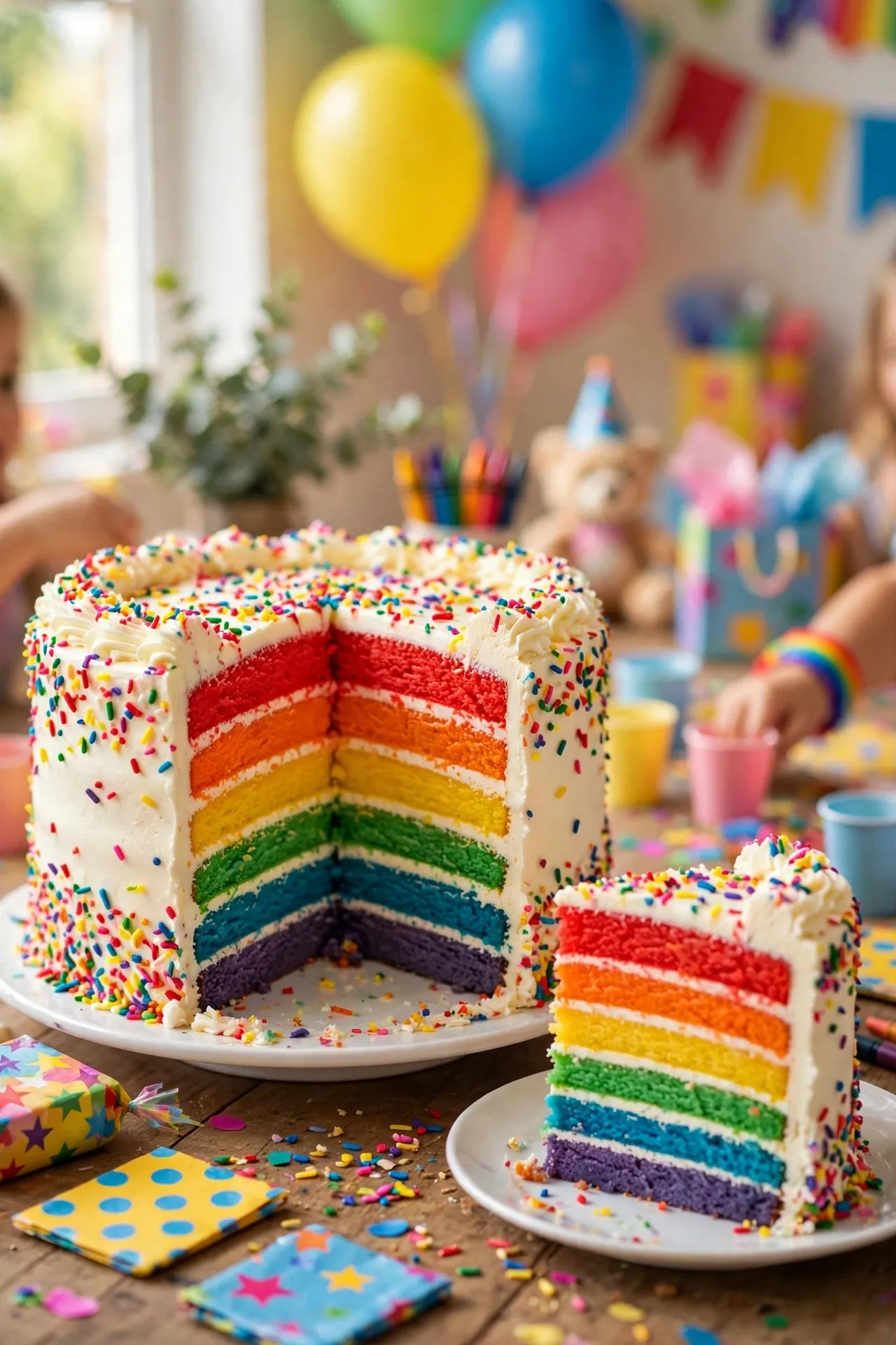 Rainbow layer birthday cake sliced to show colorful layers