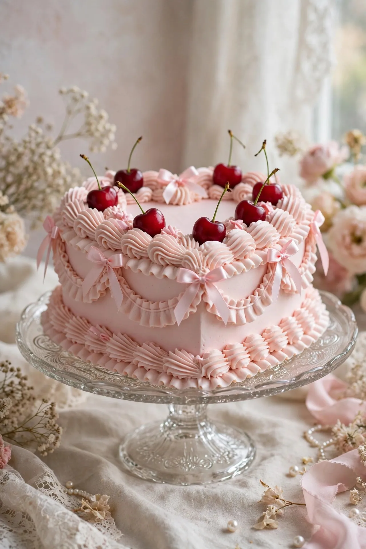 Pink heart birthday cake decorated with ribbon bows
