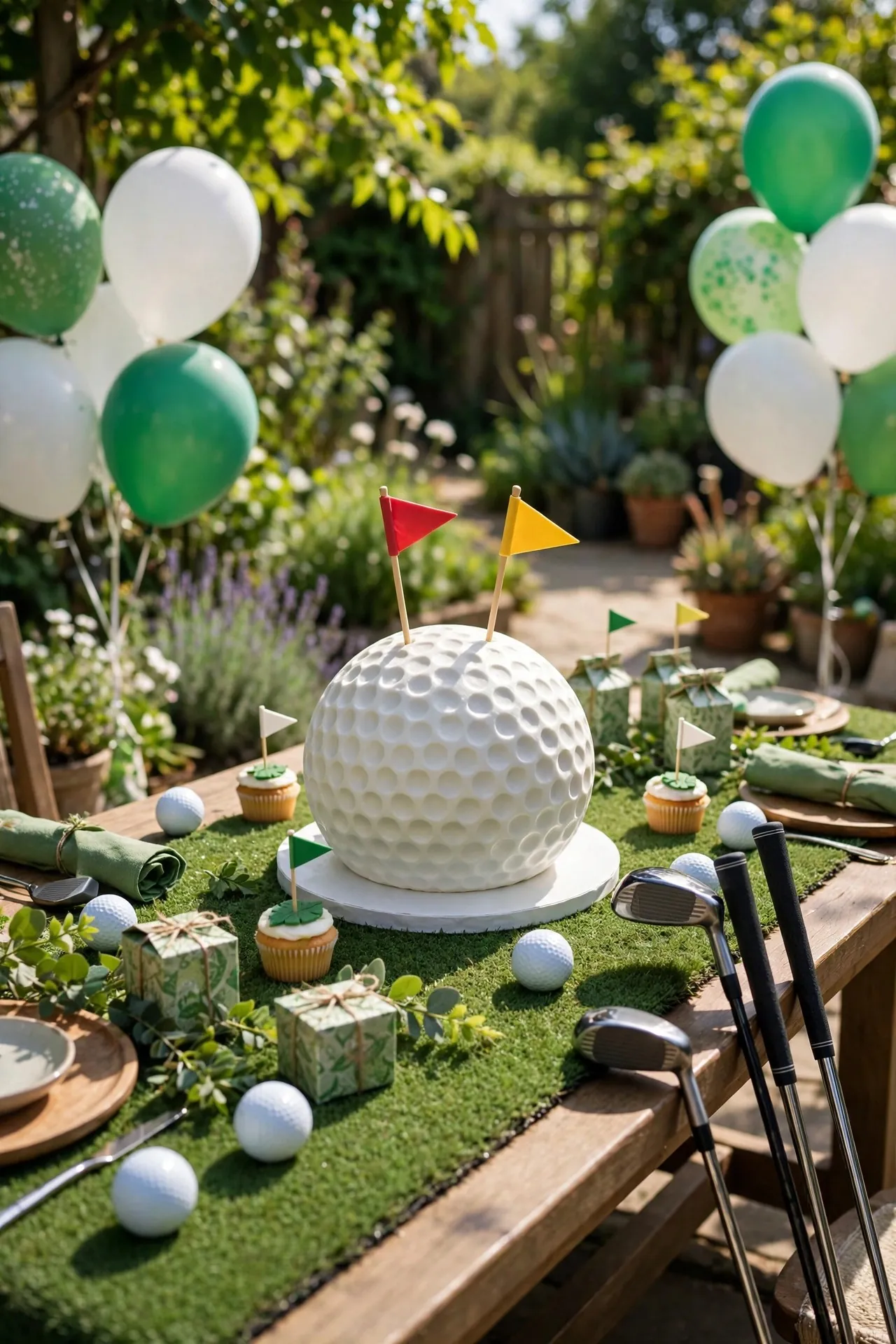 Golf themed birthday party with green and white decor