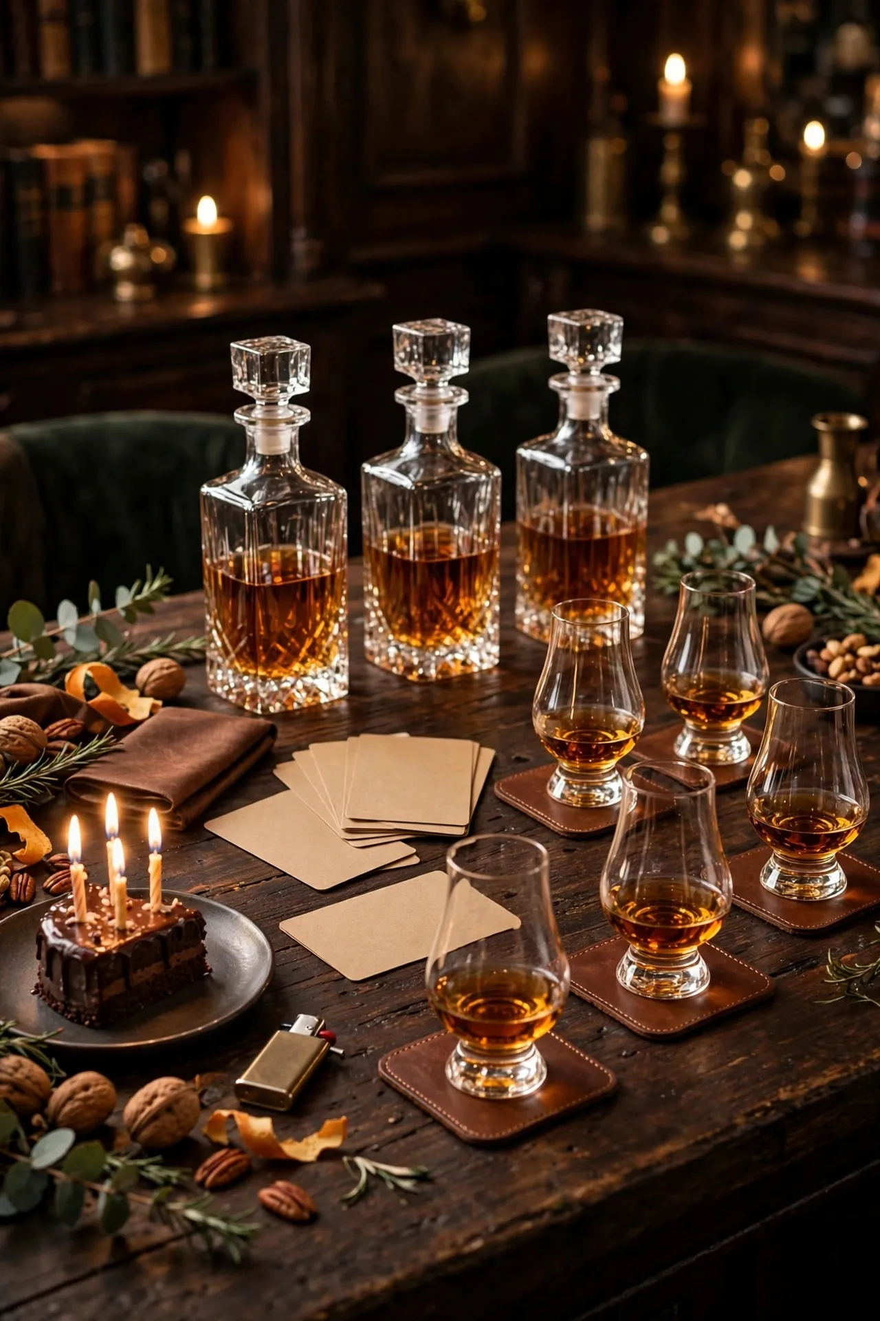 Whiskey tasting birthday party set up with glasses and cigars