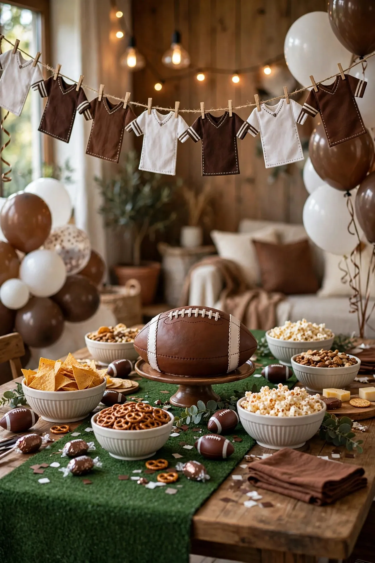 Football themed birthday party with green and brown decorations