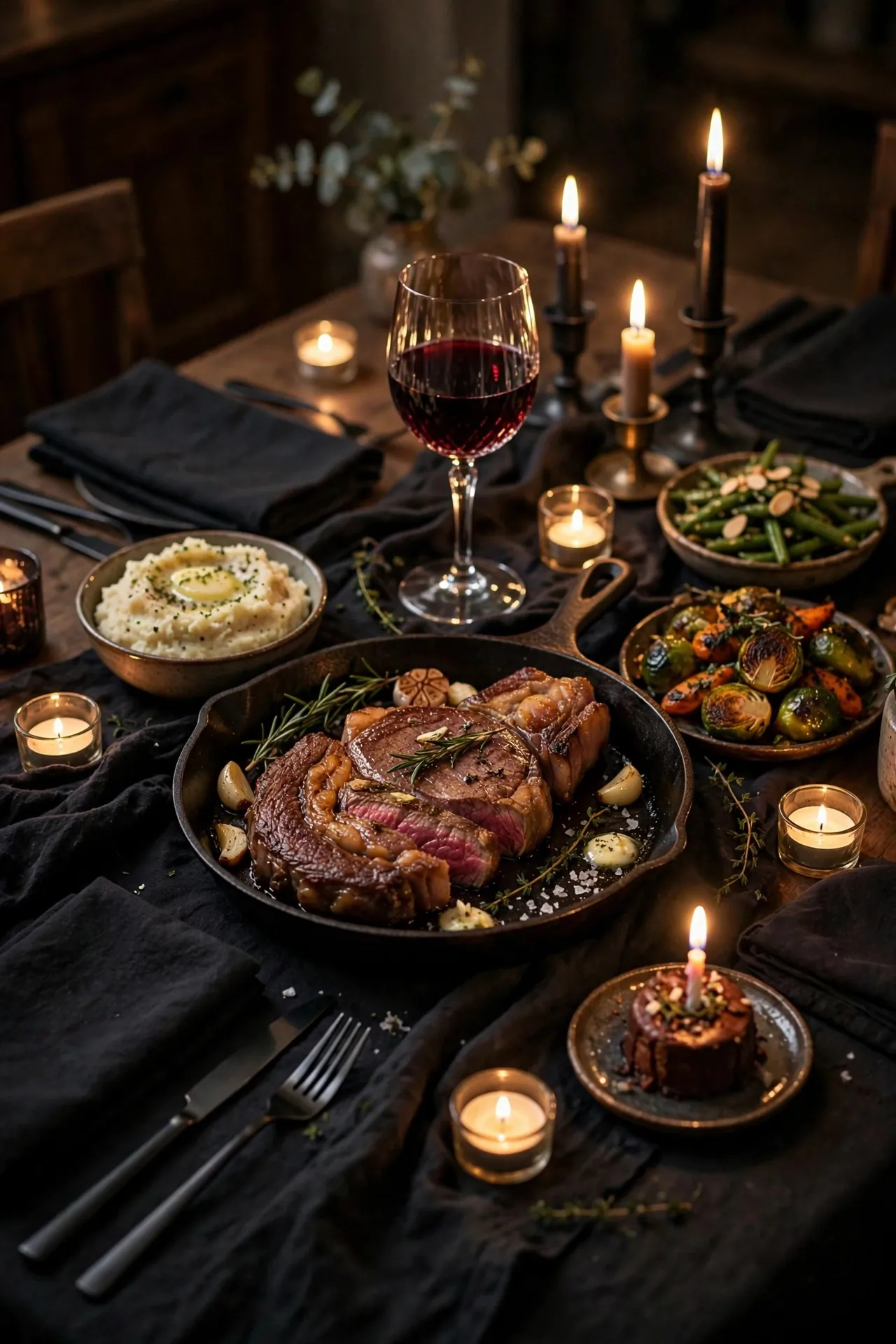 Steakhouse style birthday dinner at home with candles