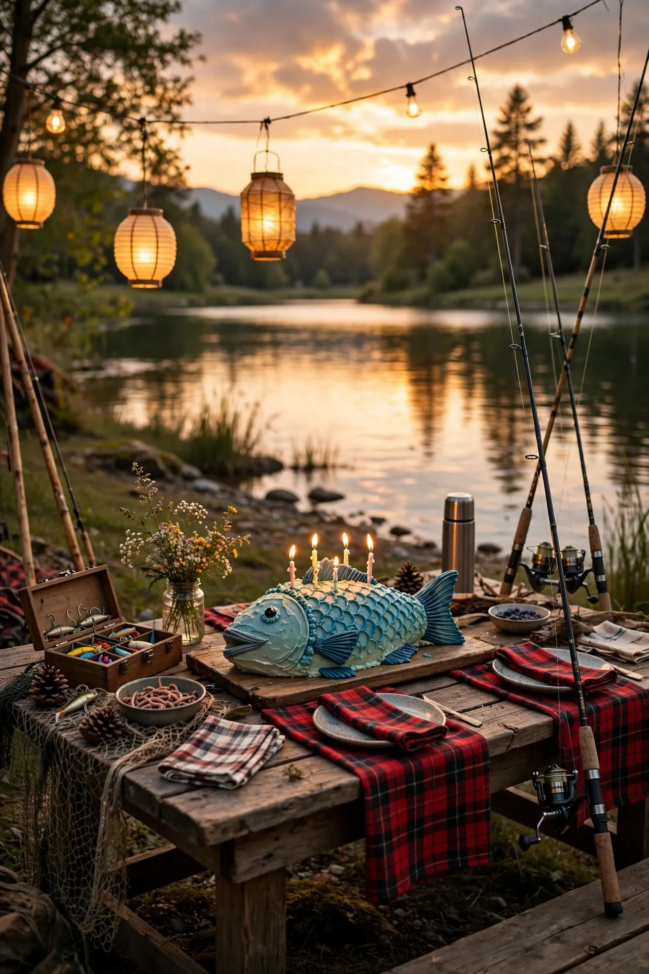 Fishing themed birthday party with lake decor