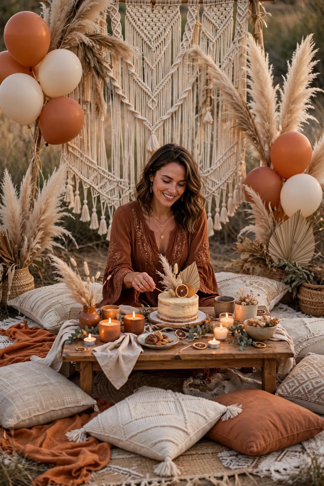 Boho birthday decor with pampas and terracotta balloons