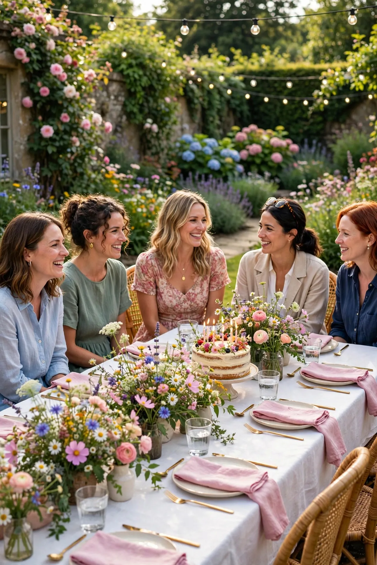 Women's birthday garden party with a long table and flowers