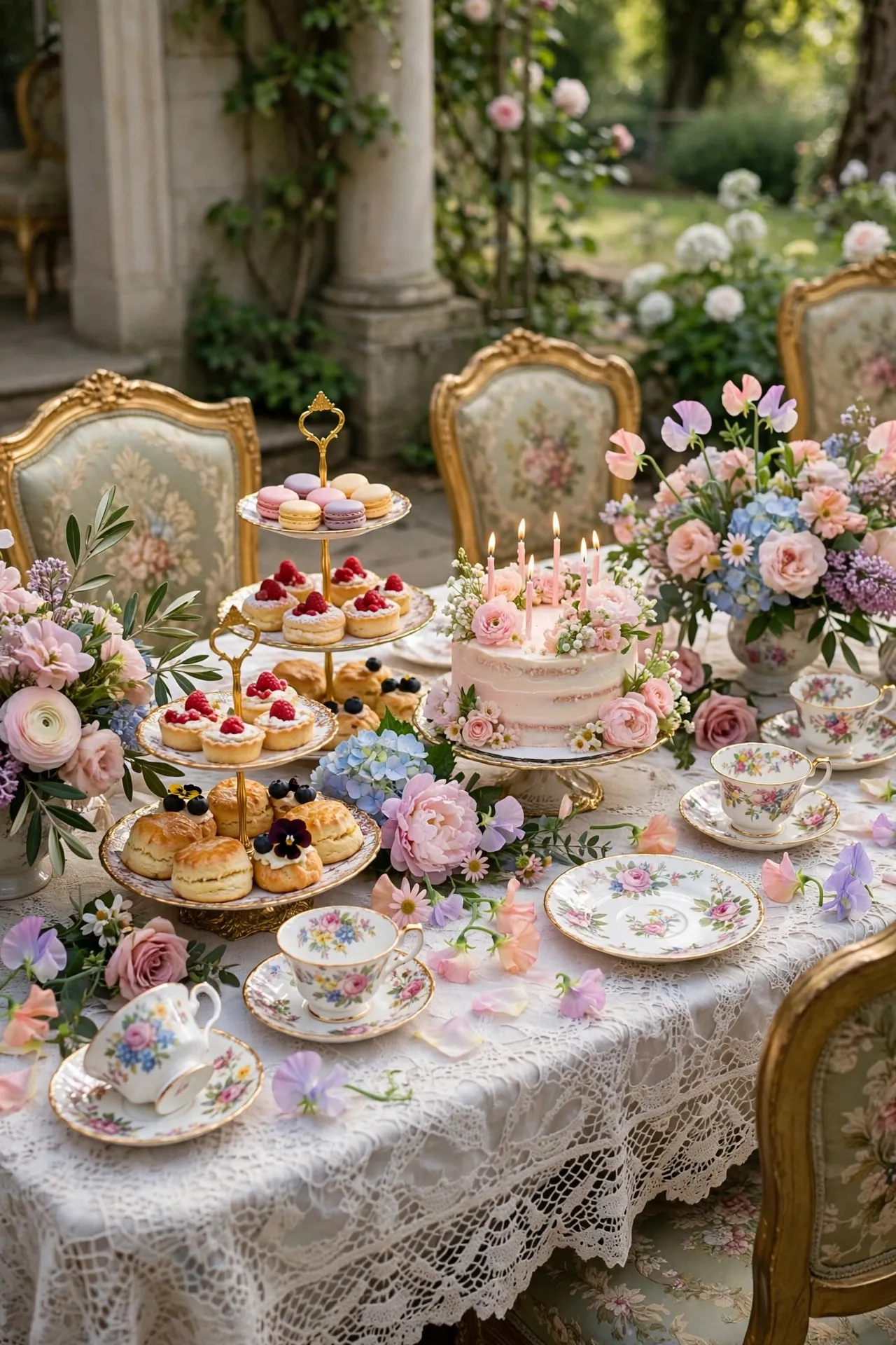 Bridgerton style birthday tea party with florals and teacups
