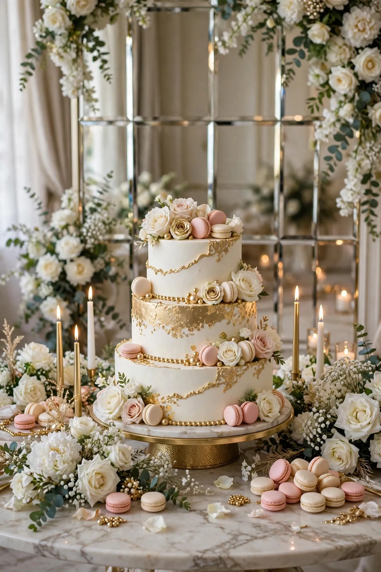 Luxury birthday cake table with a tiered cake and roses