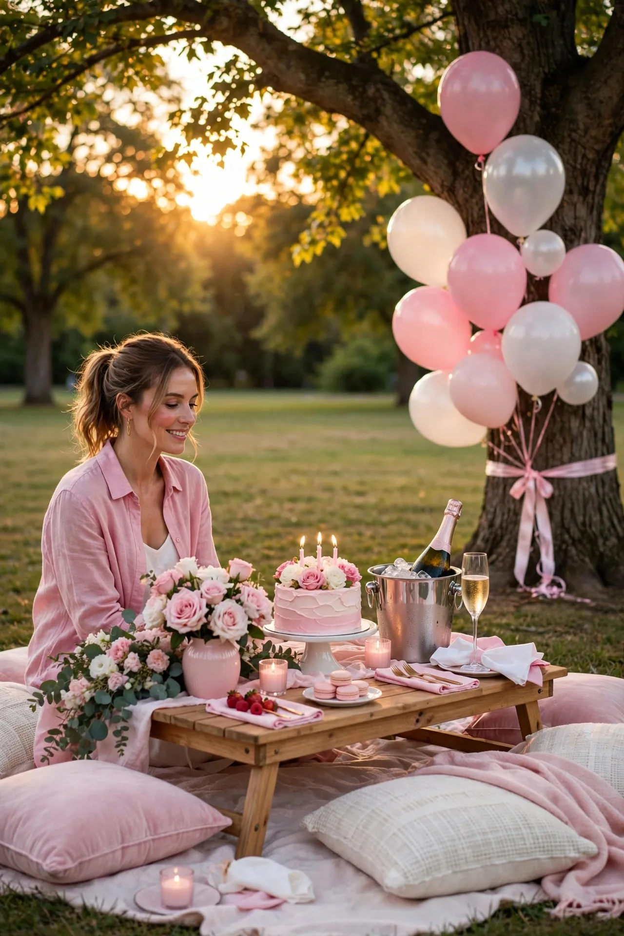 Pink picnic birthday set up for a woman in a park