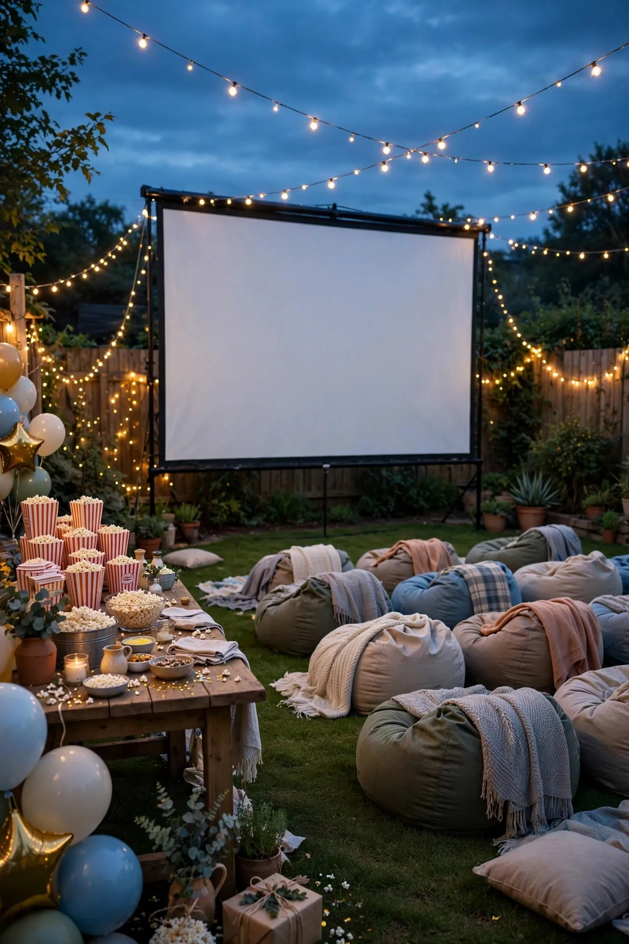 Backyard movie night birthday party with projector screen