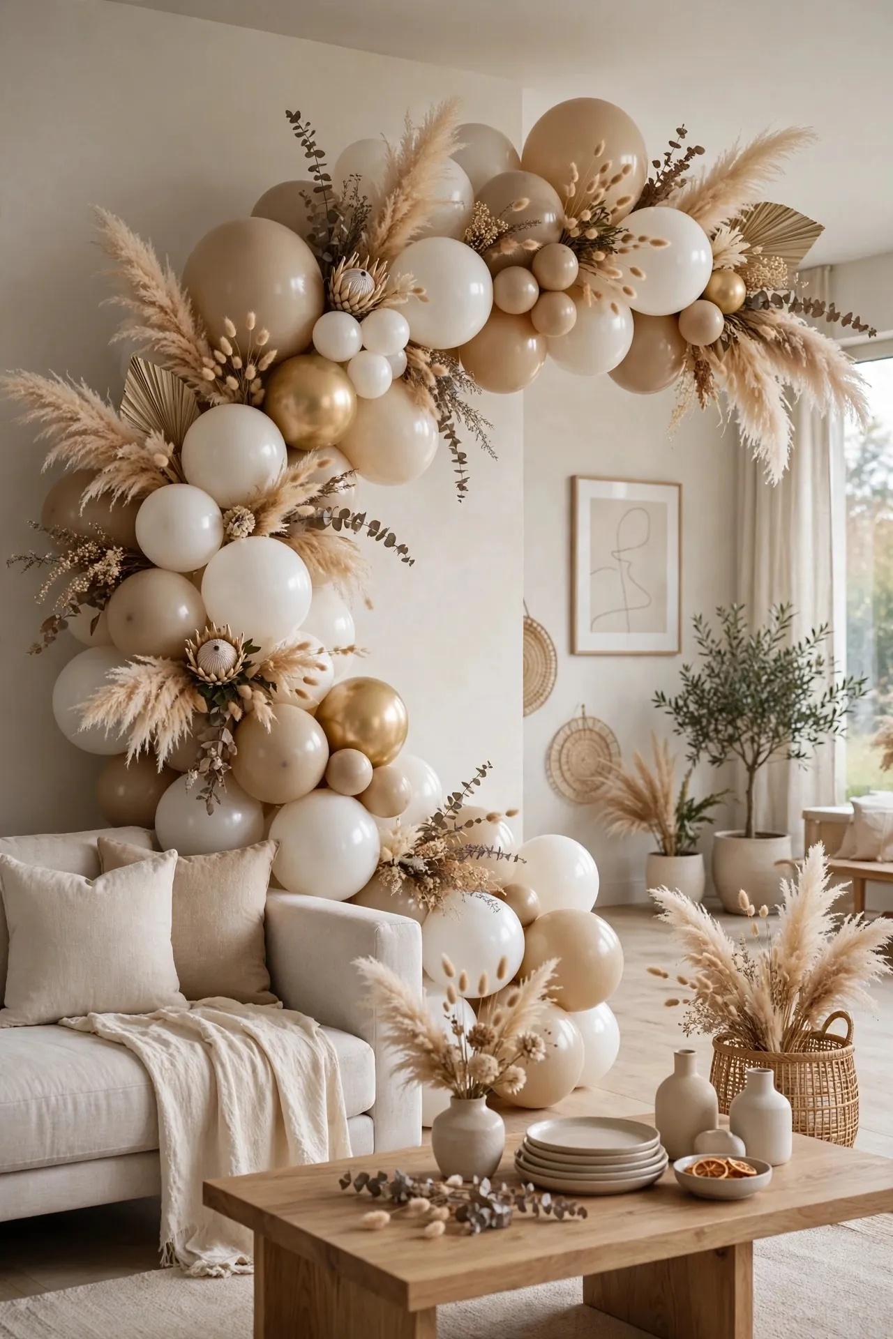 Neutral beige and white balloon arch for an adult birthday
