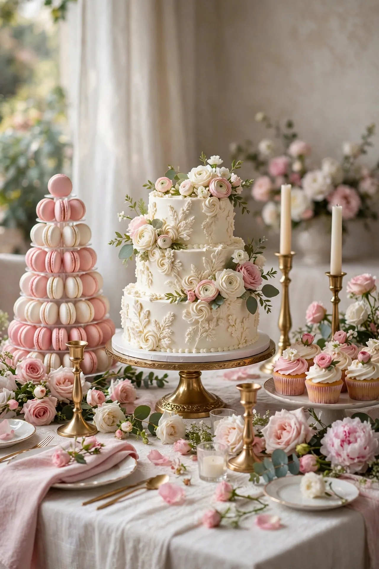 Elegant birthday dessert table with cake, macarons and flowers