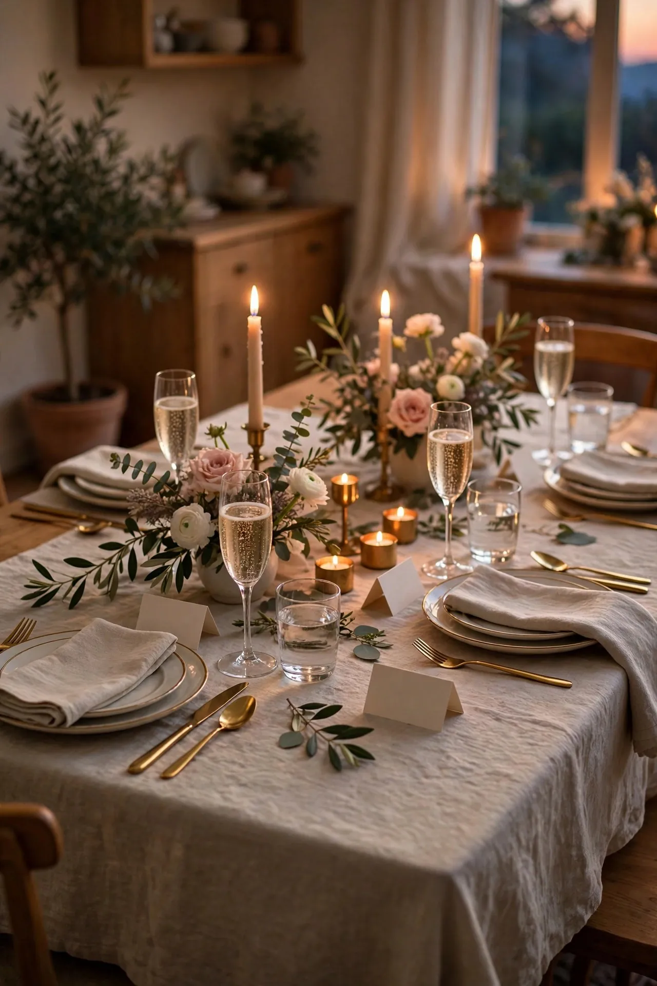 Birthday dinner party table with flowers and candles at home