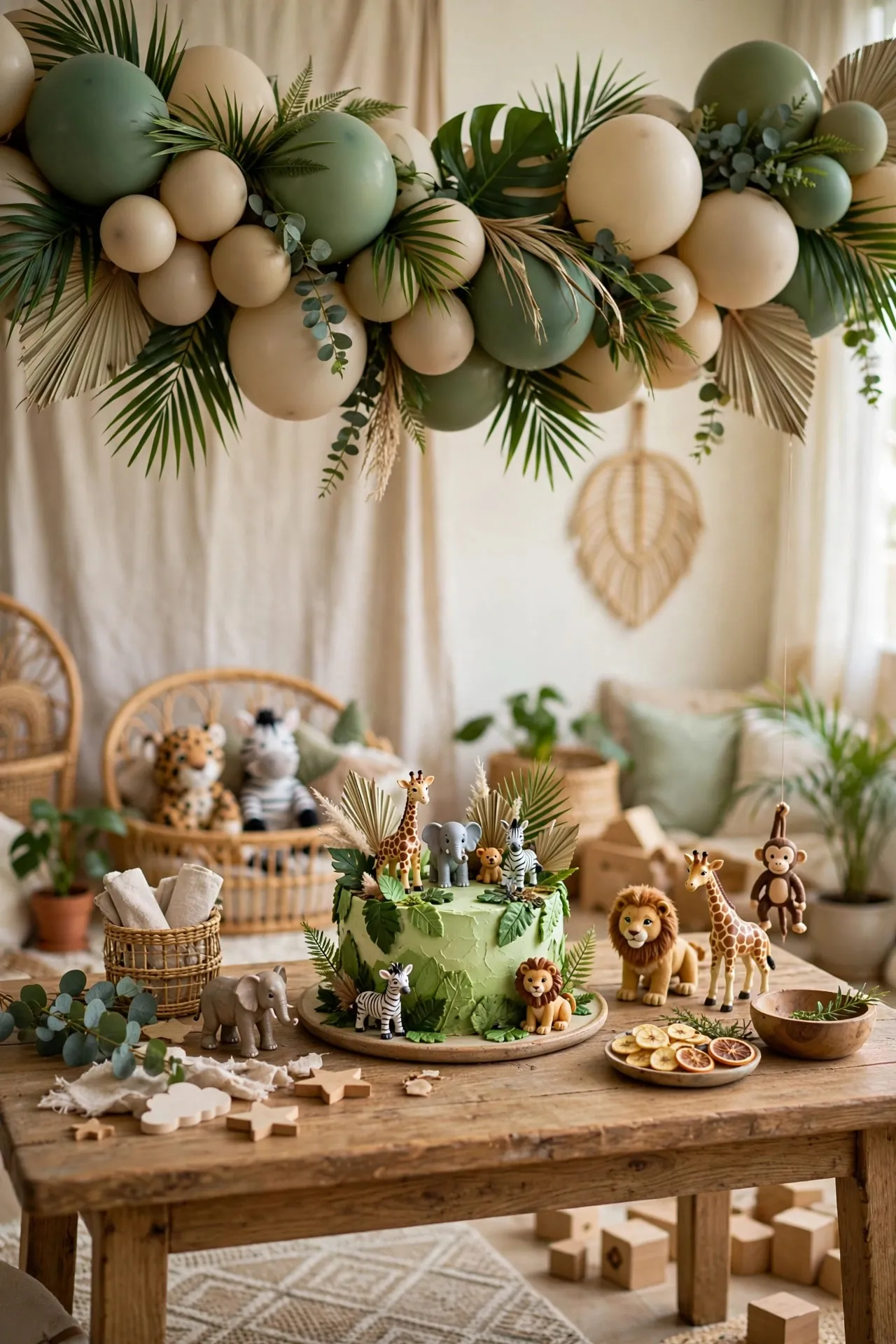 Safari themed kids birthday party with balloons and animals