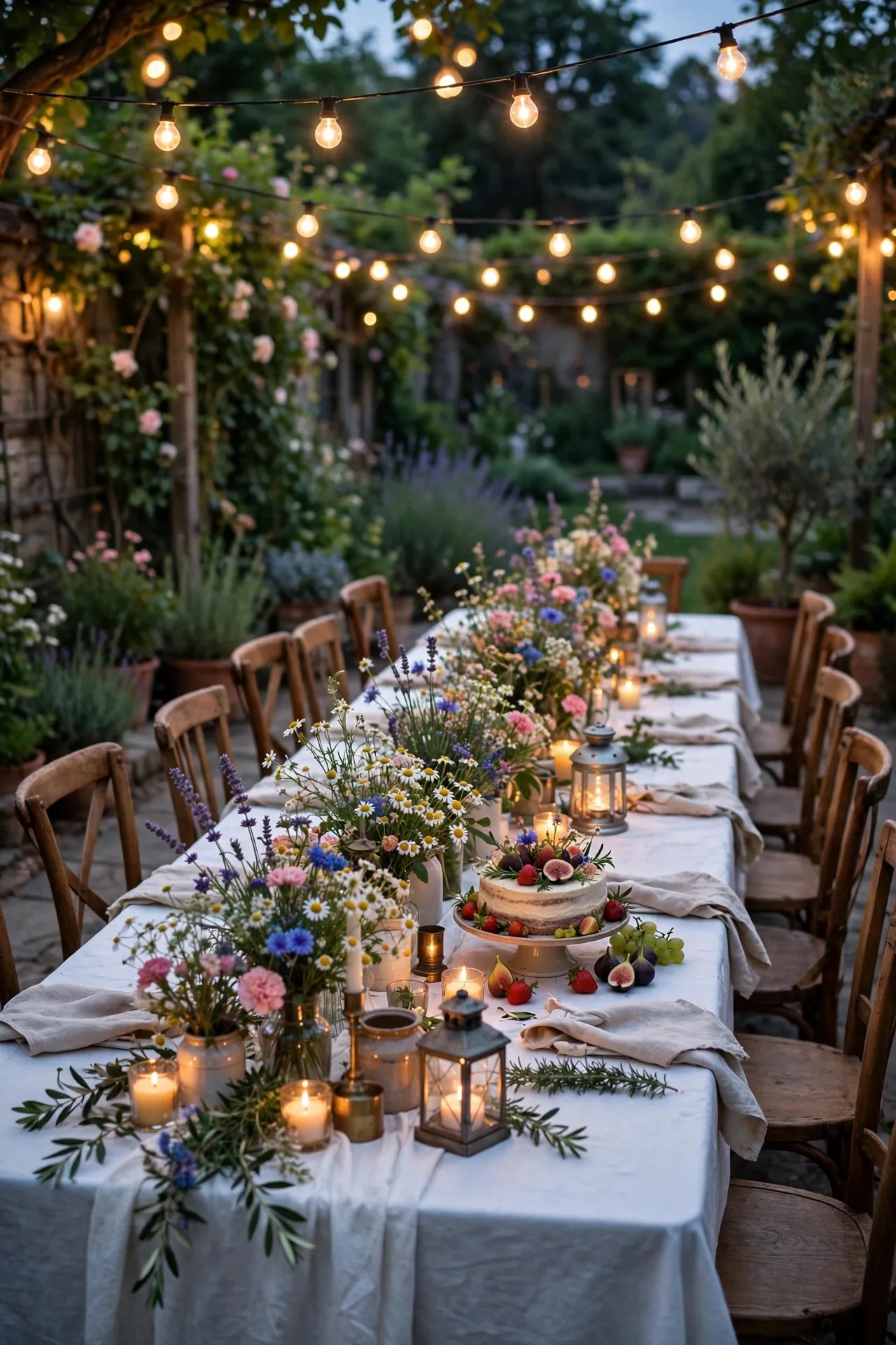Backyard garden birthday party with string lights and long table