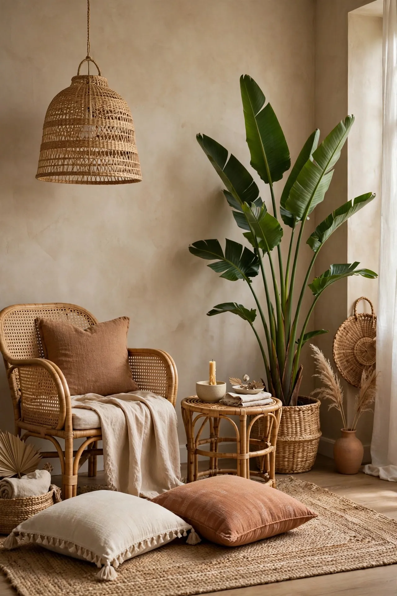 Rattan and cane furniture in a boho living room with a jute rug
