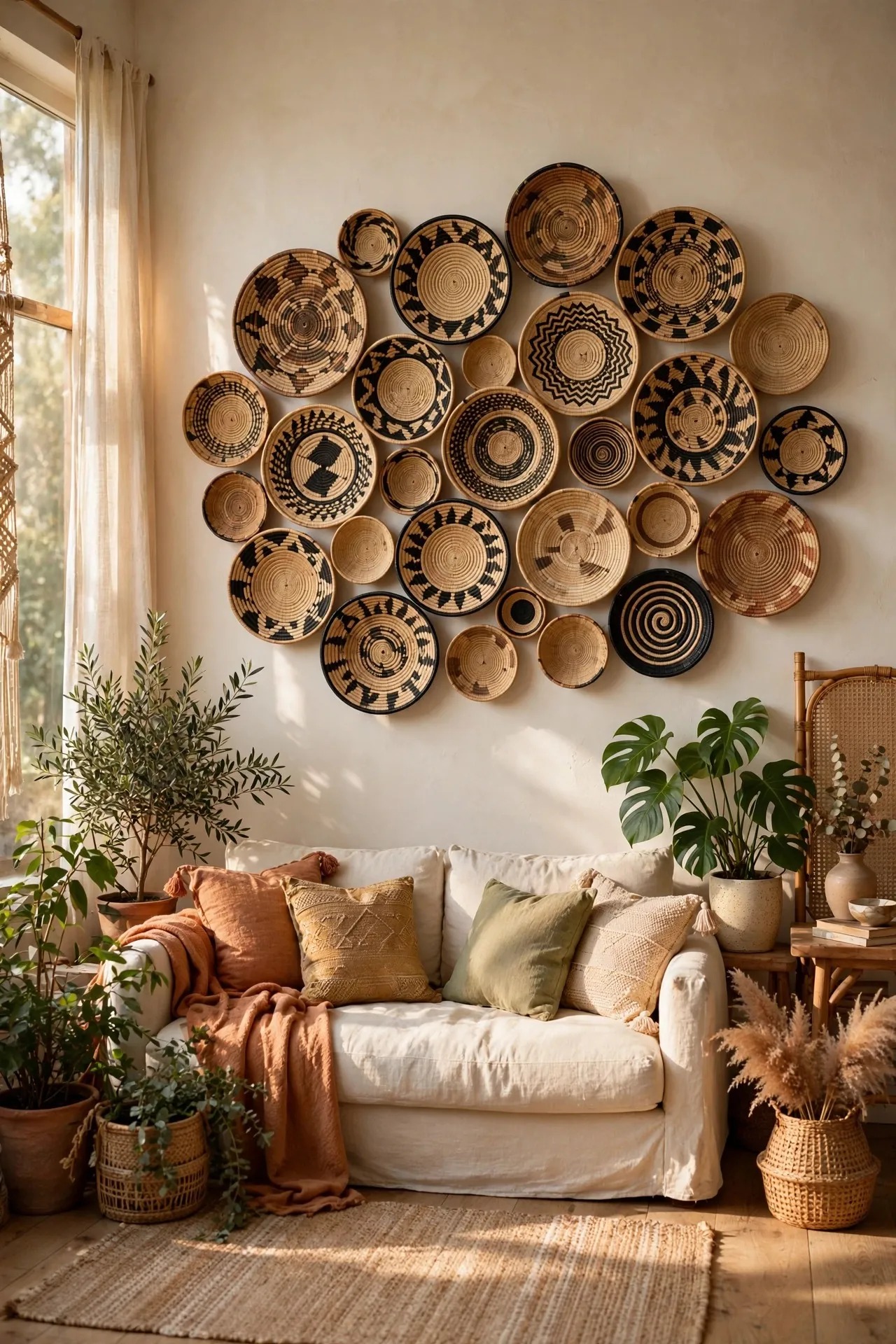 Boho wall decorated with woven baskets above a sofa