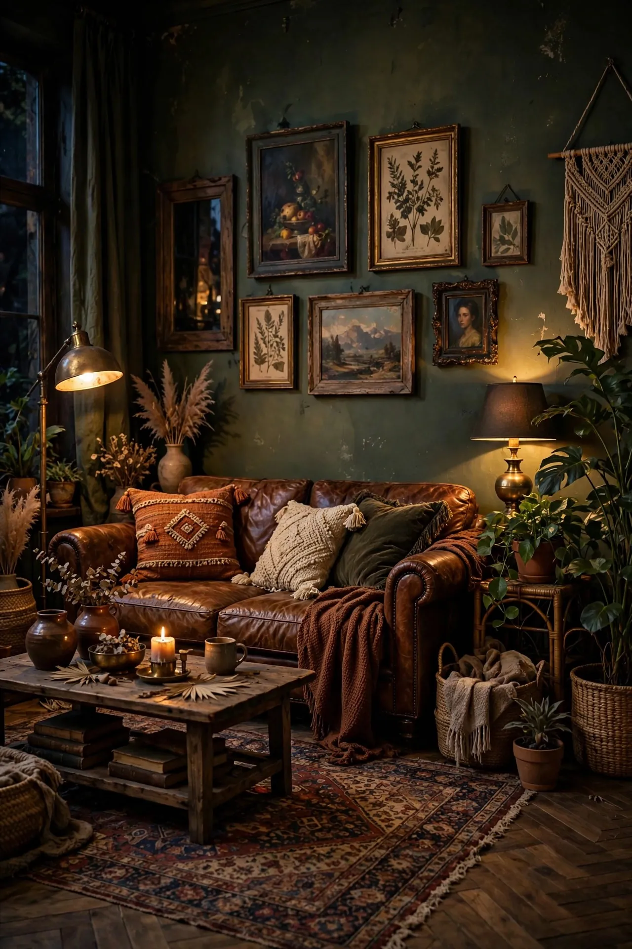 Moody dark boho living room with deep green walls and leather sofa