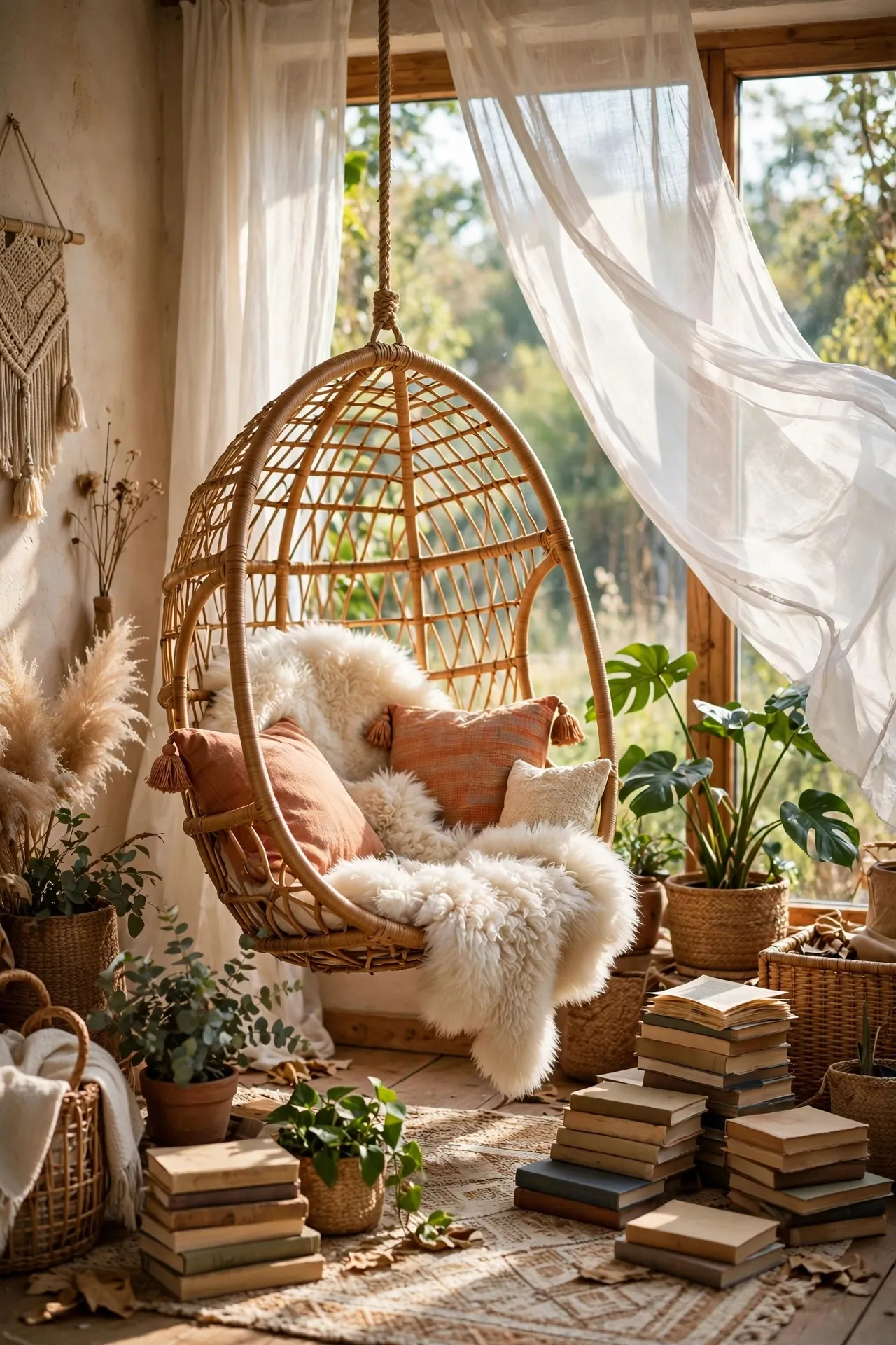 Boho reading nook with a hanging chair and sheer curtains