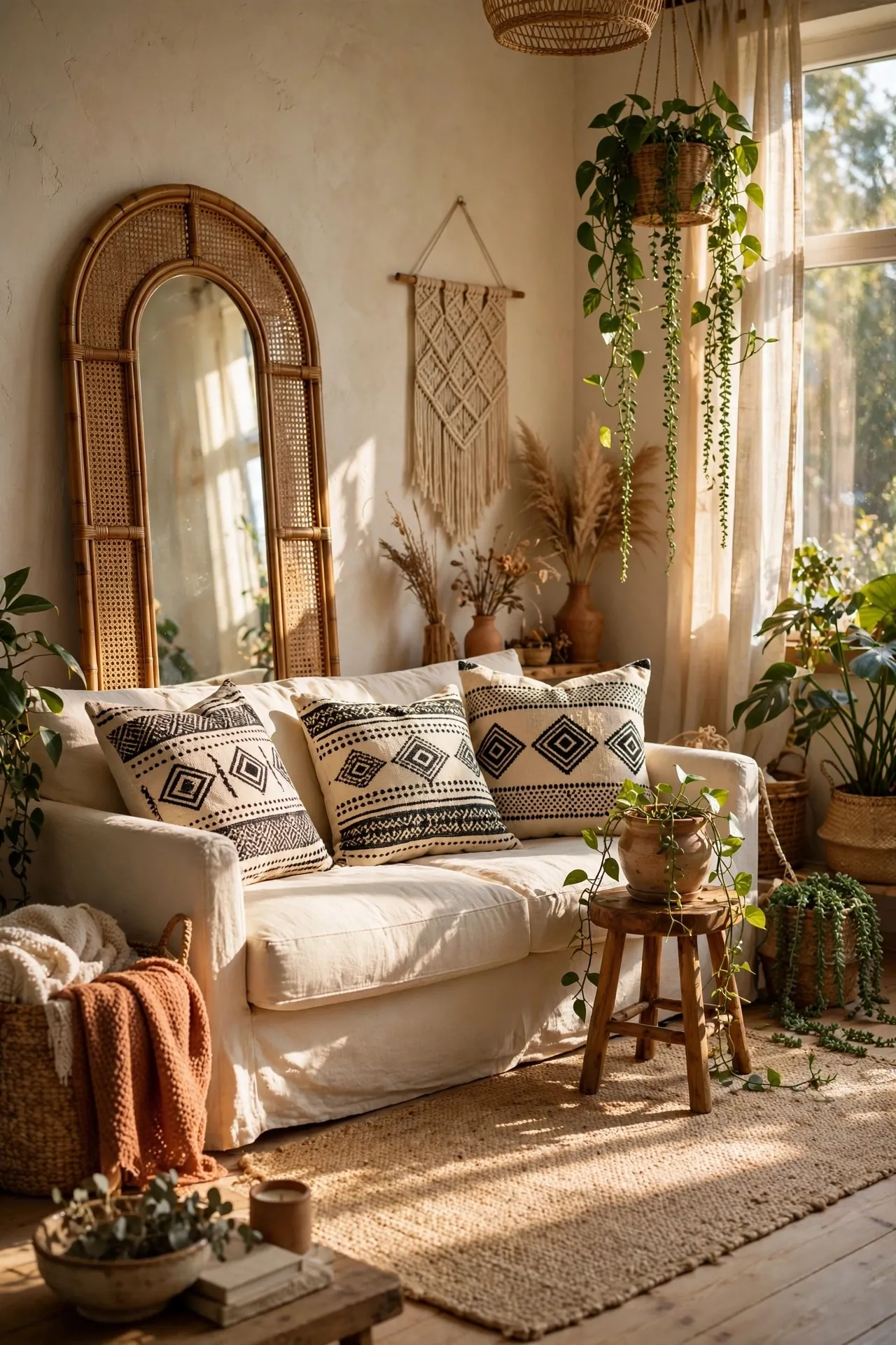 Boho living room with a rattan arch mirror and plants