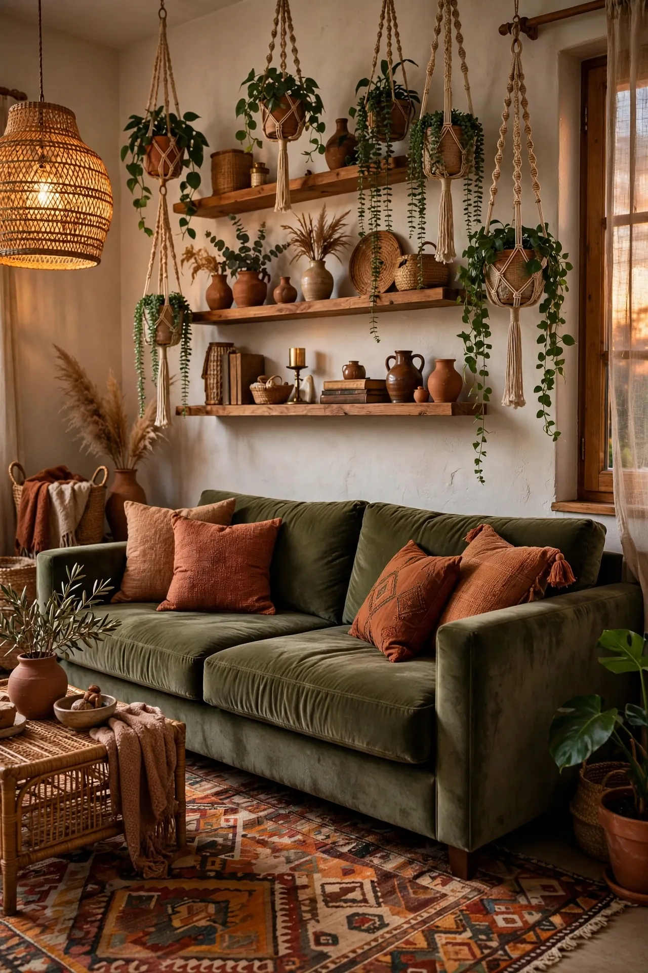 Boho living room with olive green sofa and terracotta accents
