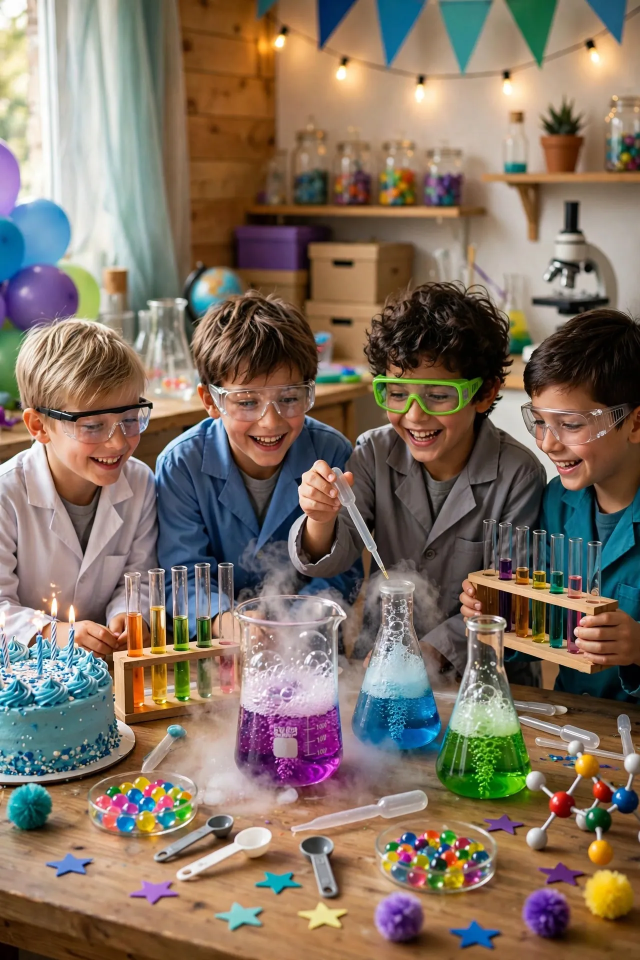 Mad scientist boys birthday party with lab coats