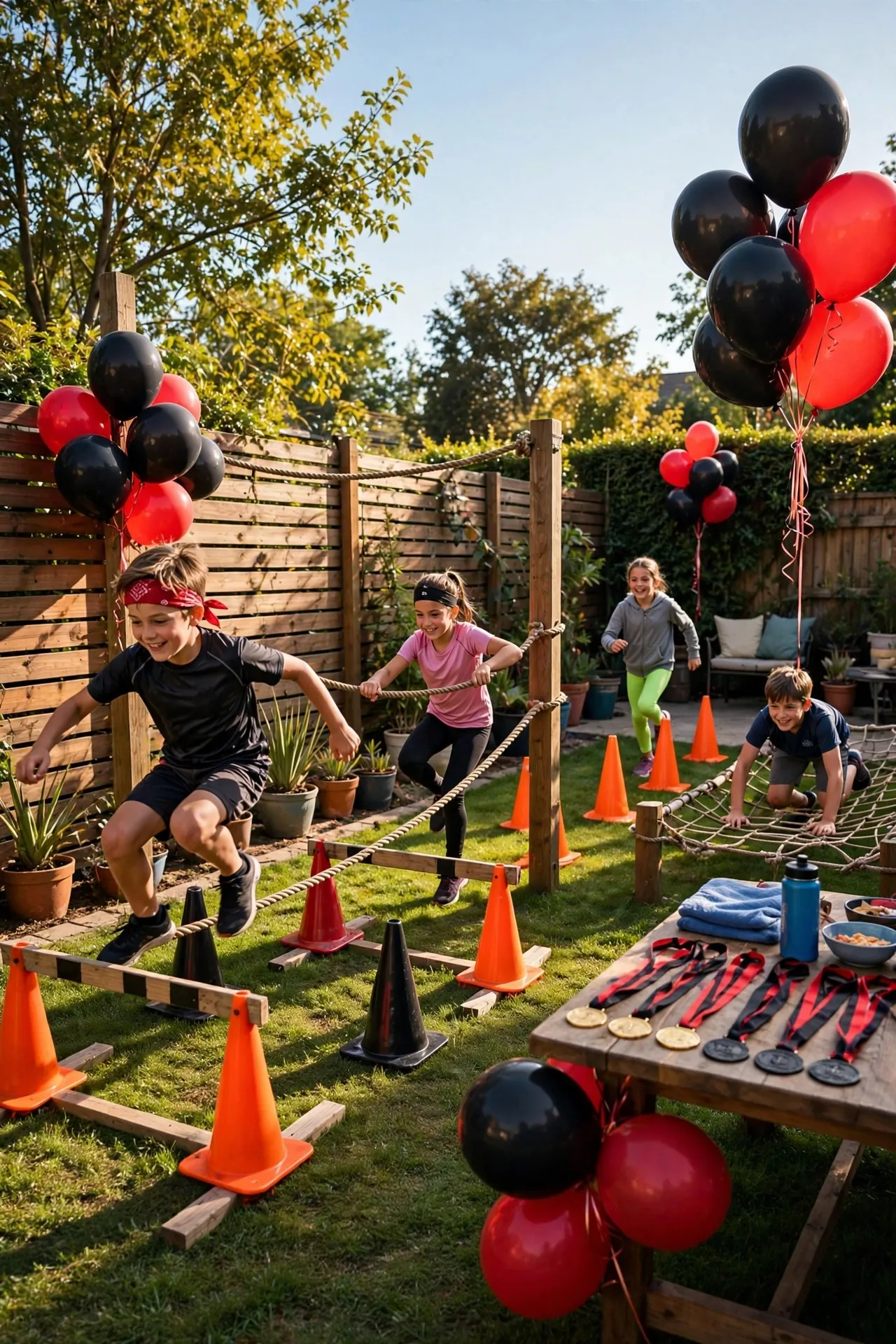 Ninja warrior obstacle course birthday in a backyard