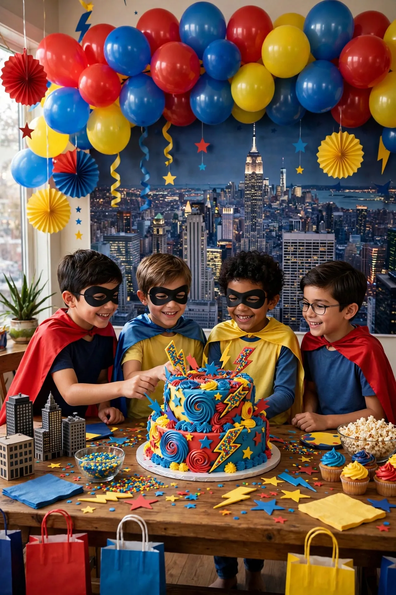 Superhero themed boys birthday party with capes and masks