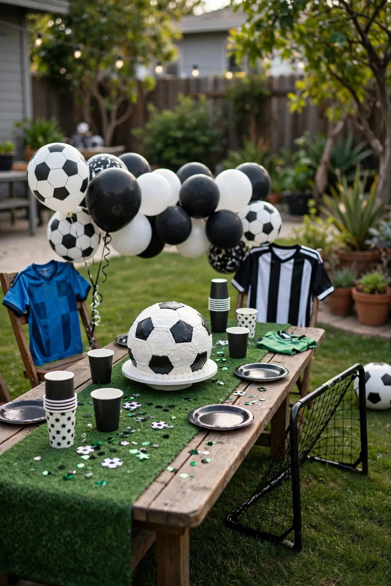 Football soccer themed boys birthday party with green turf