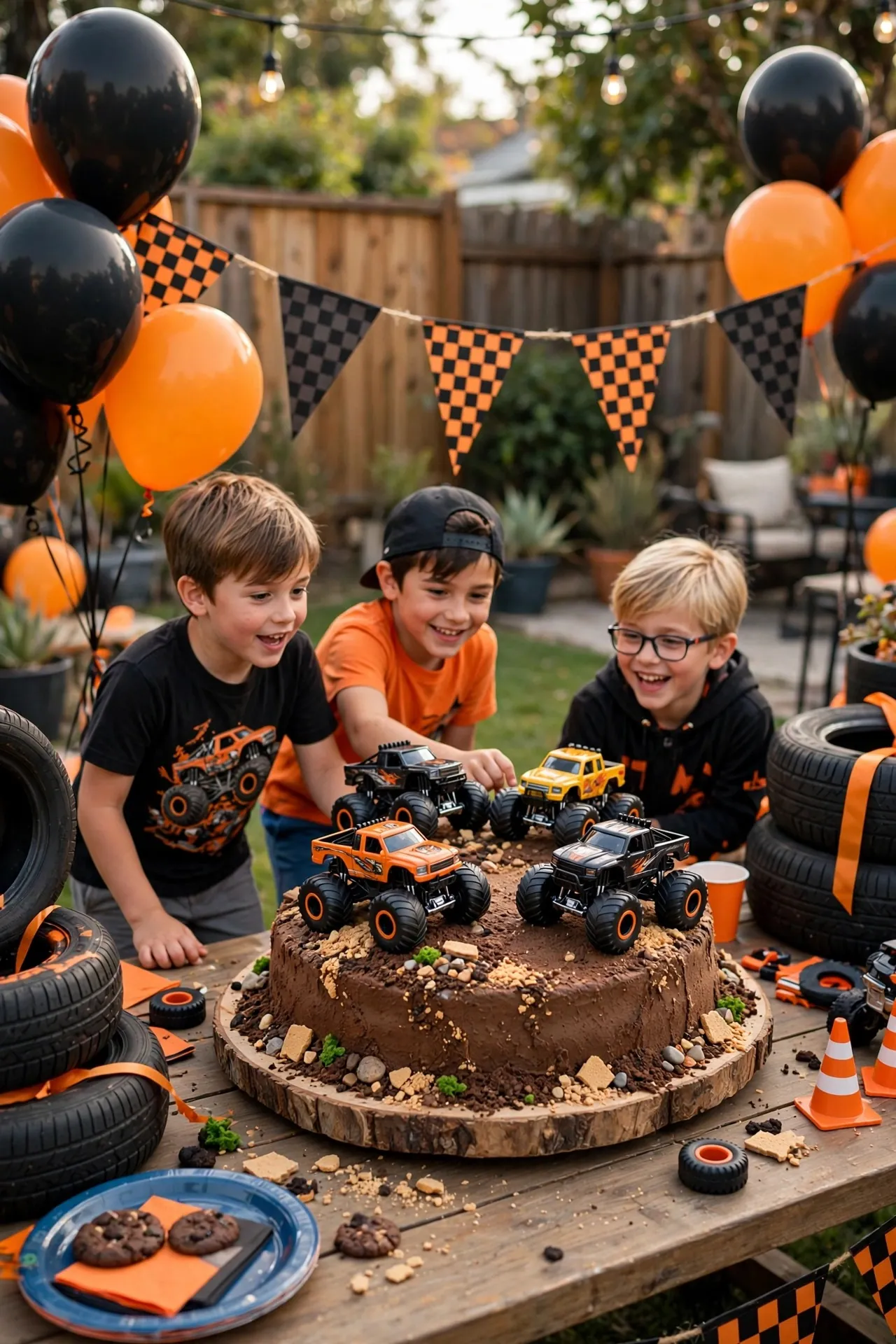 Monster truck boys birthday party with dirt cake
